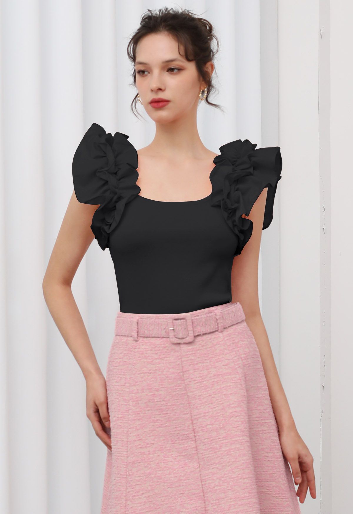 Romantic Ruffle Shoulder Knit Top in Black