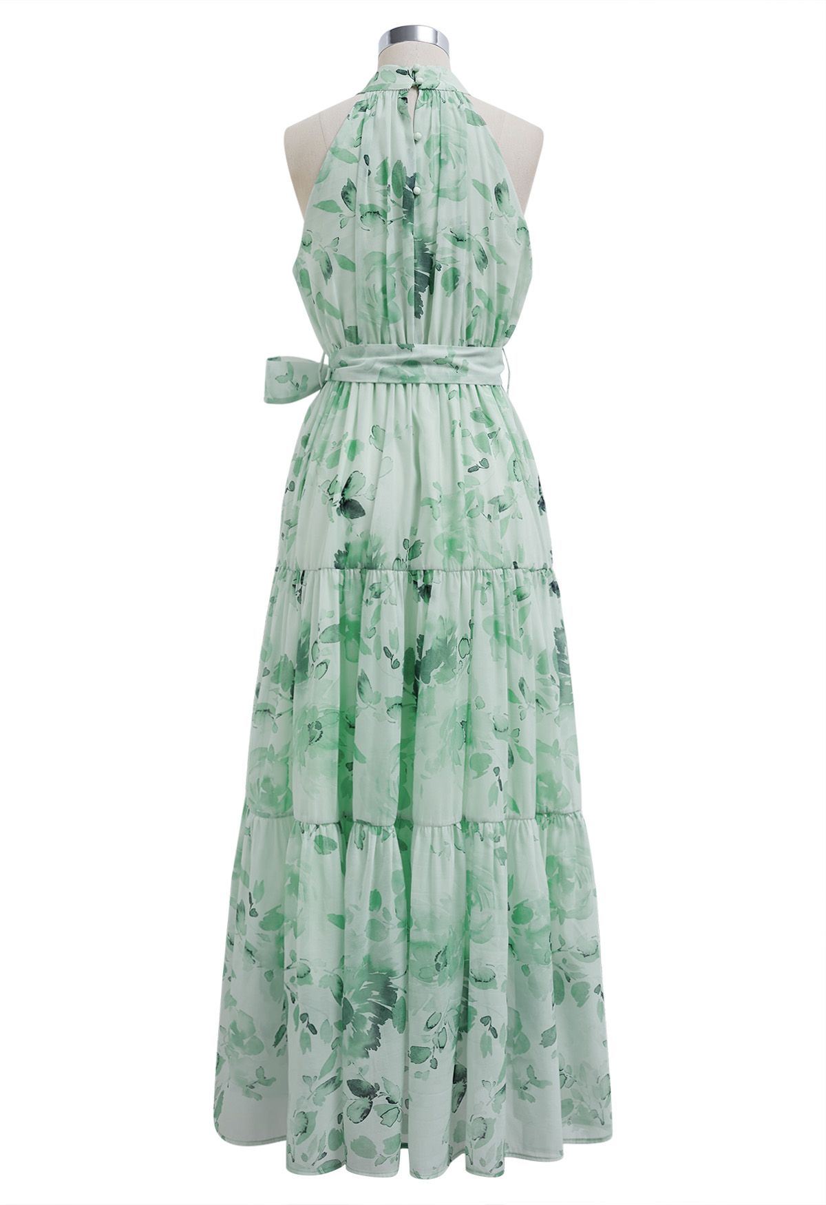 Floral Halter Neck Tie Waist Maxi Dress in Mint