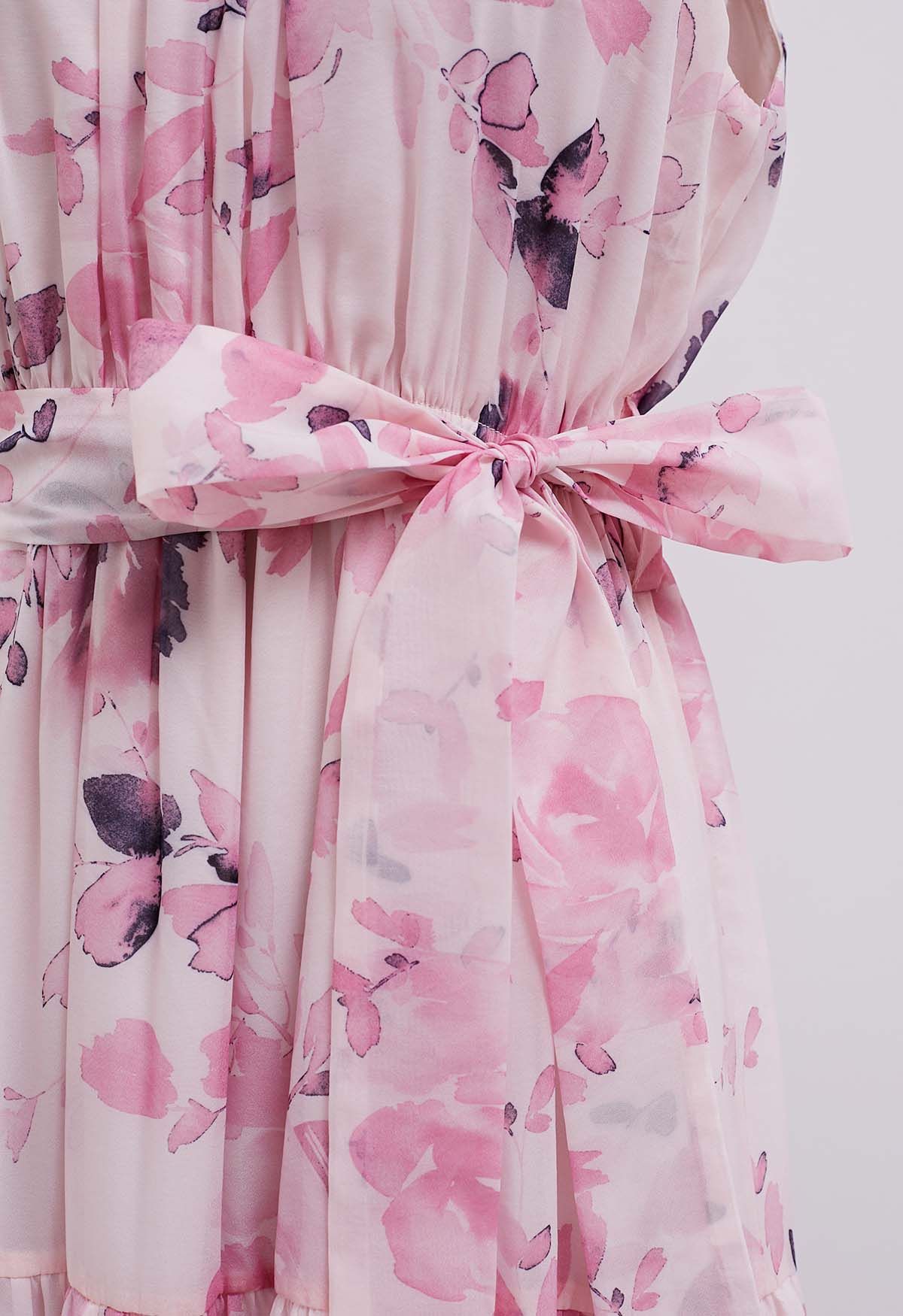 Floral Halter Neck Tie Waist Maxi Dress in Pink