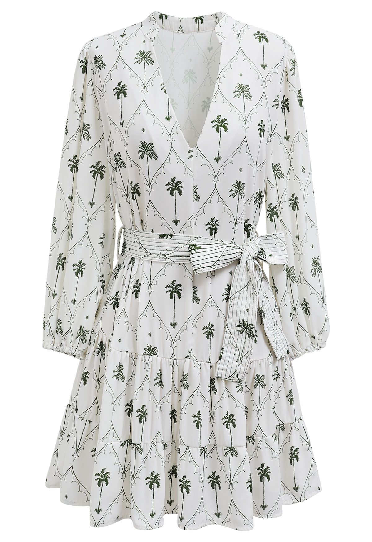 Palm Tree Print V-Neck Mini Dress