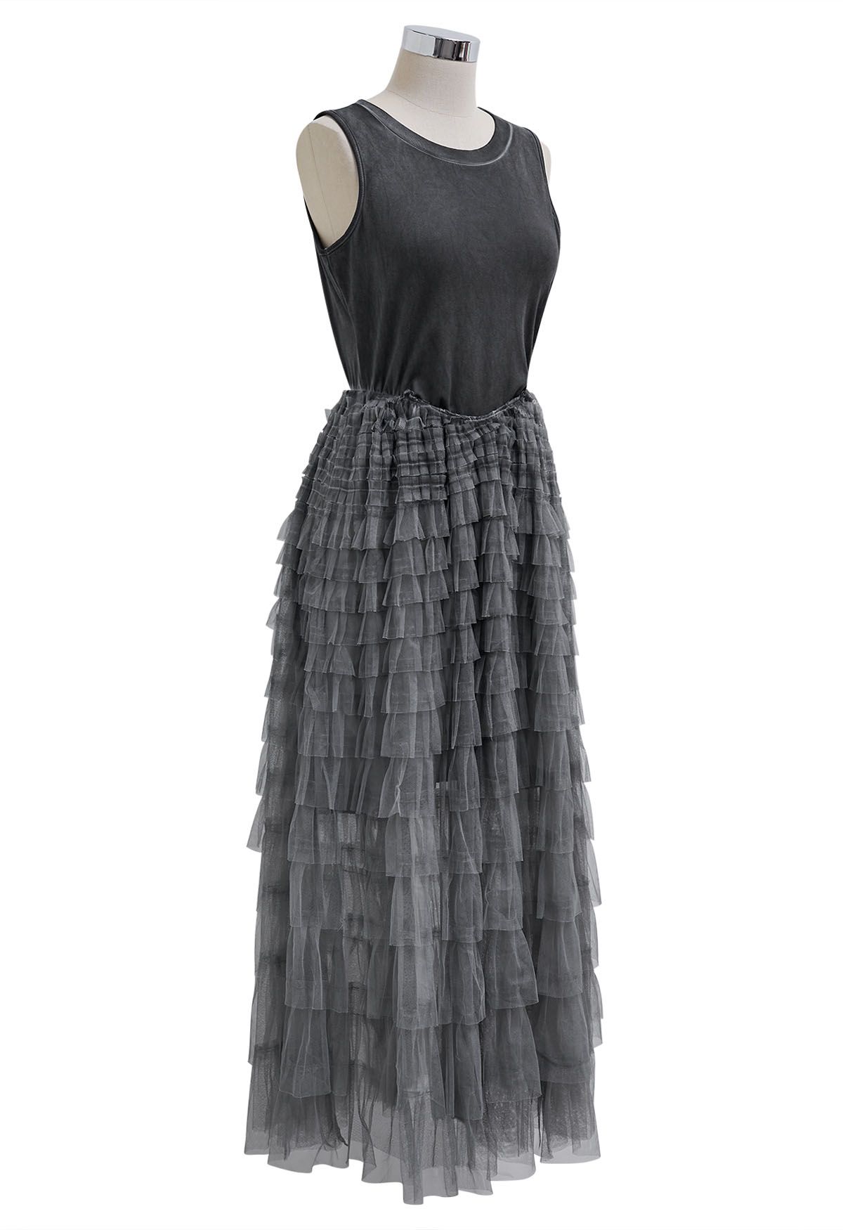 Tiered Mesh Spliced Sleeveless Maxi Dress in Smoke