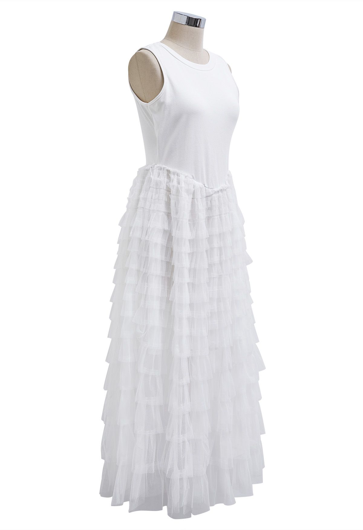 Tiered Mesh Spliced Sleeveless Maxi Dress in White