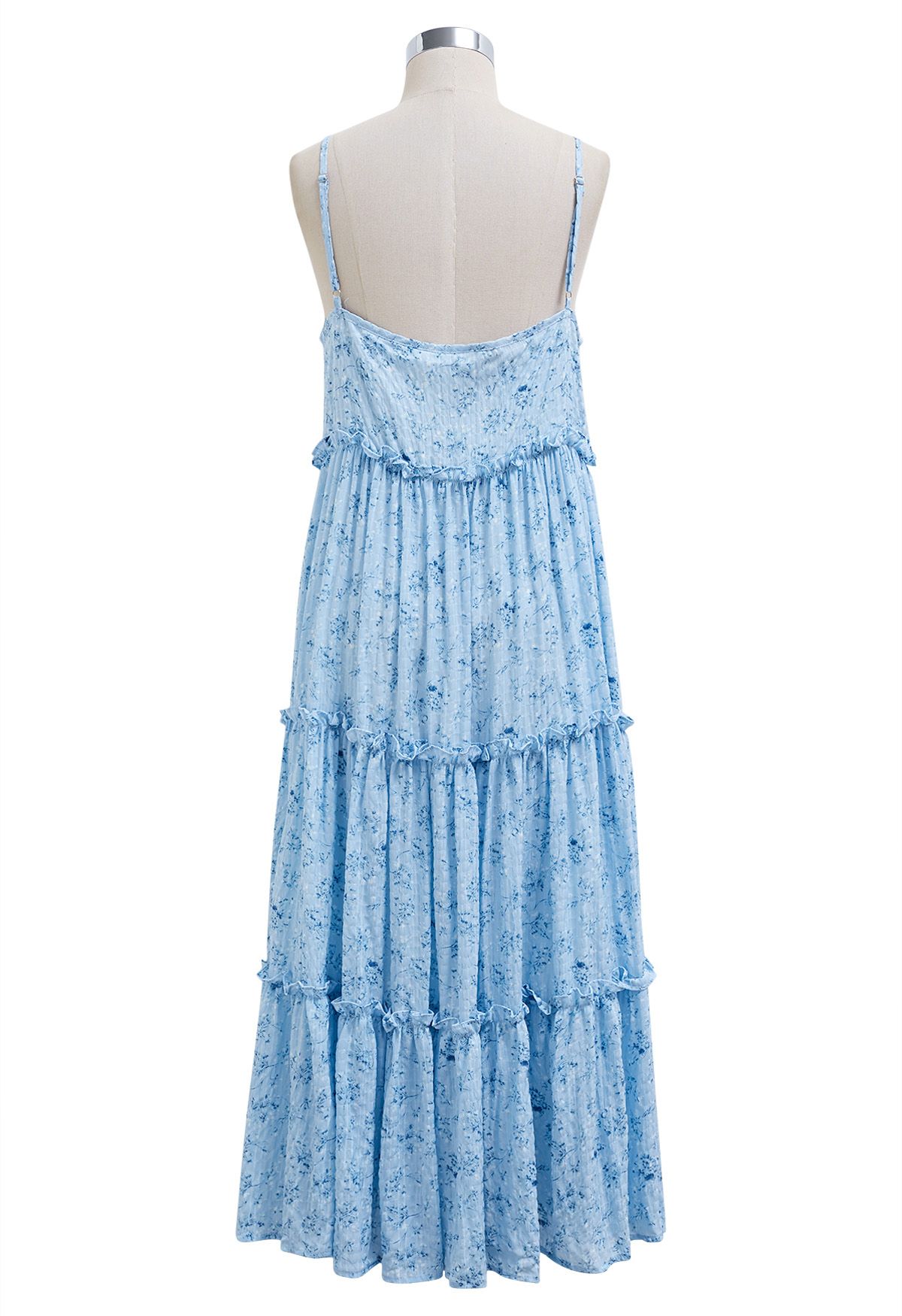 Floral Front Buttoned Ruffled Trim Cami Midi Dress in Blue