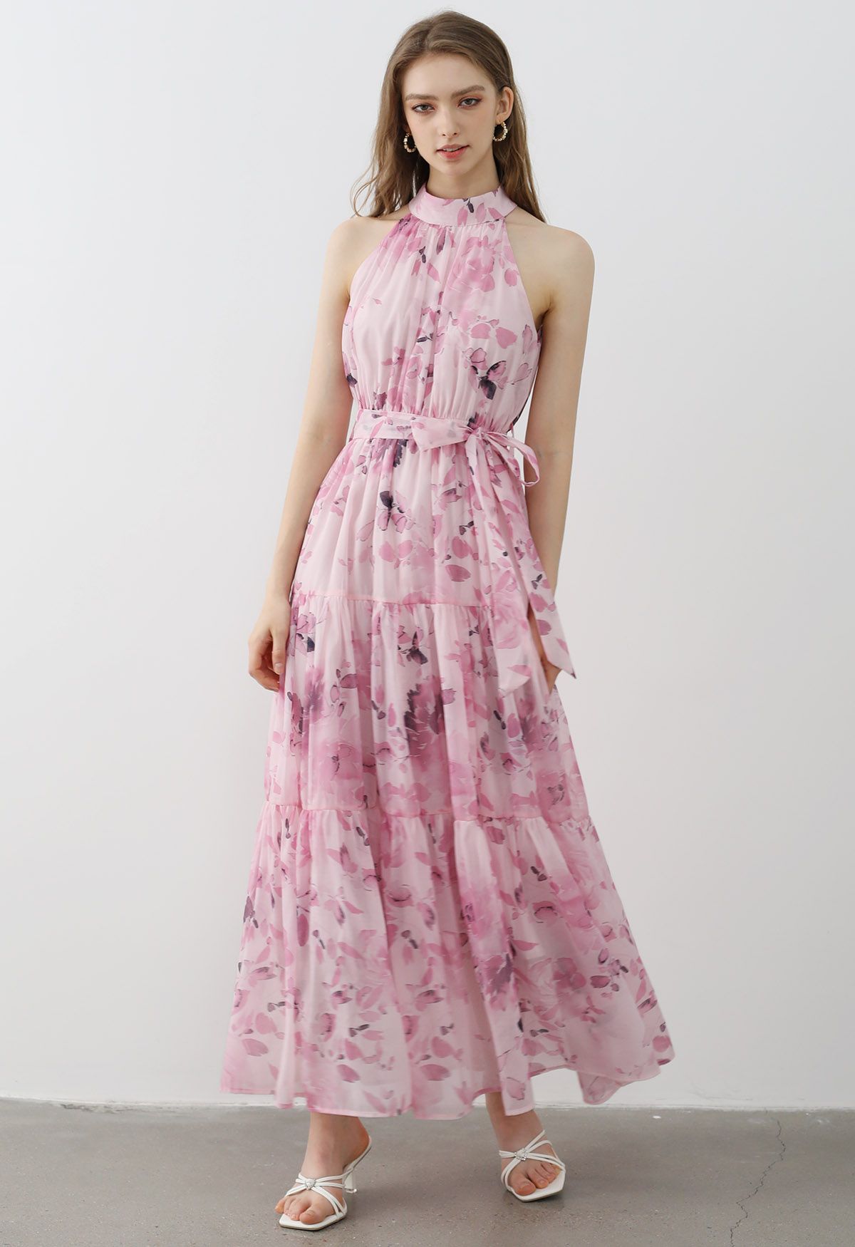 Floral Halter Neck Tie Waist Maxi Dress in Pink