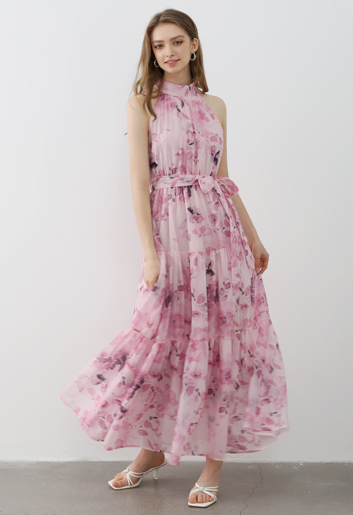 Floral Halter Neck Tie Waist Maxi Dress in Pink