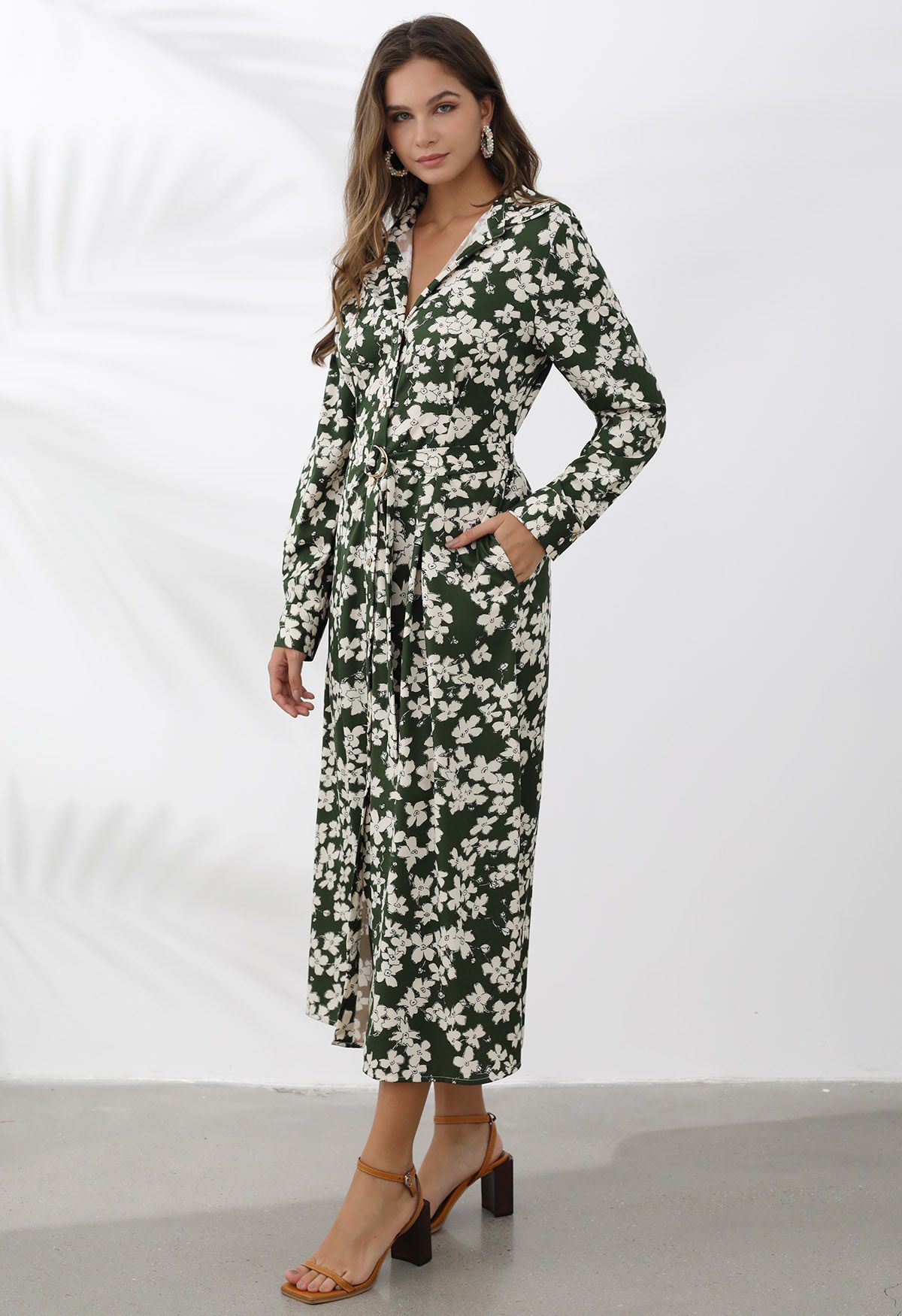 V-Neck Collared Floral Printed Belted Maxi Dress