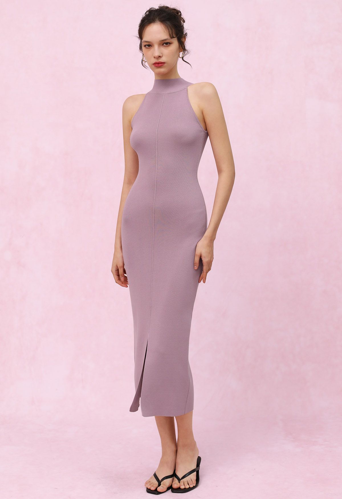 Seam Detailing Halter Bodycon Knit Dress in Pink