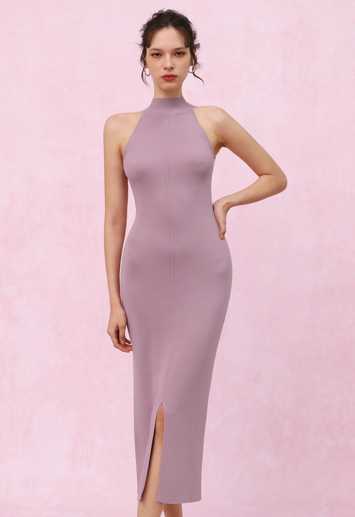 Seam Detailing Halter Bodycon Knit Dress in Pink