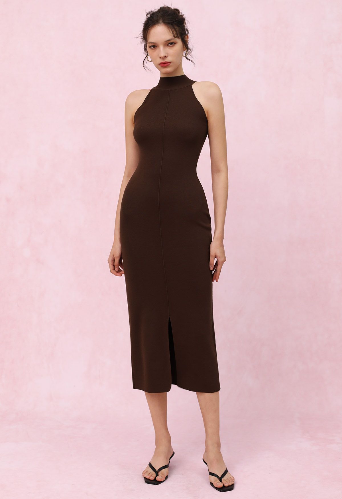 Seam Detailing Halter Bodycon Knit Dress in Brown