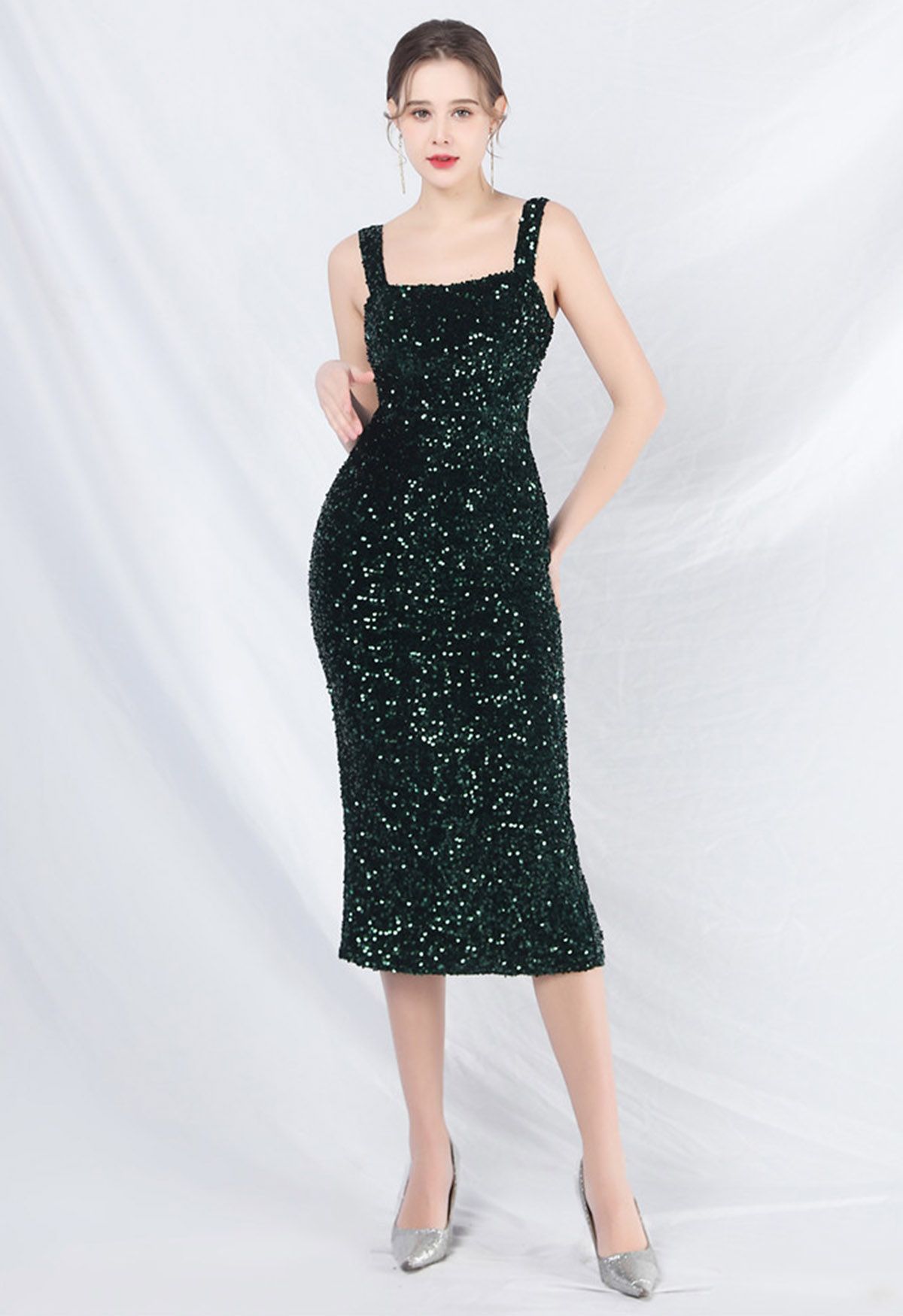 Glitzy Sequin Split Velvet Cami Gown in Dark Green