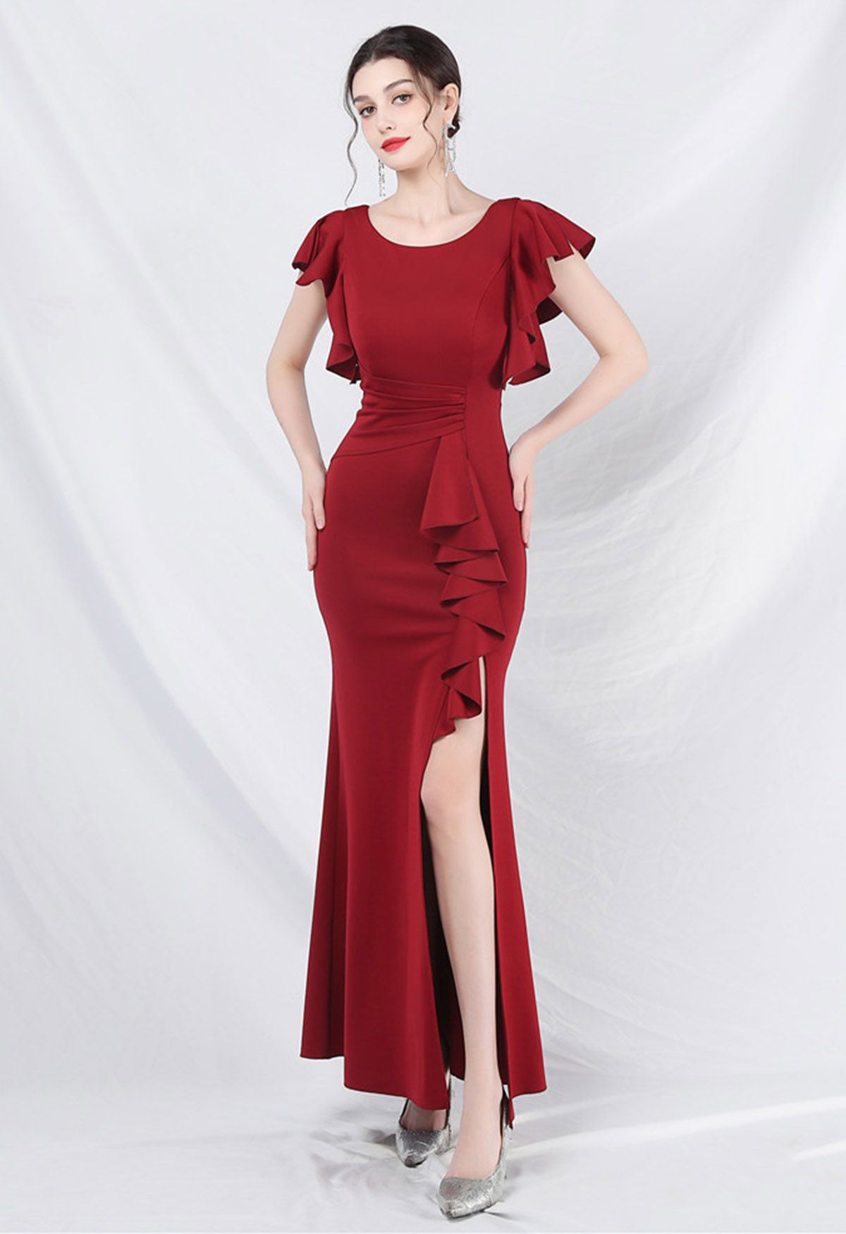 Glamorous Ruffle Trim Slit Mermaid Gown in Red