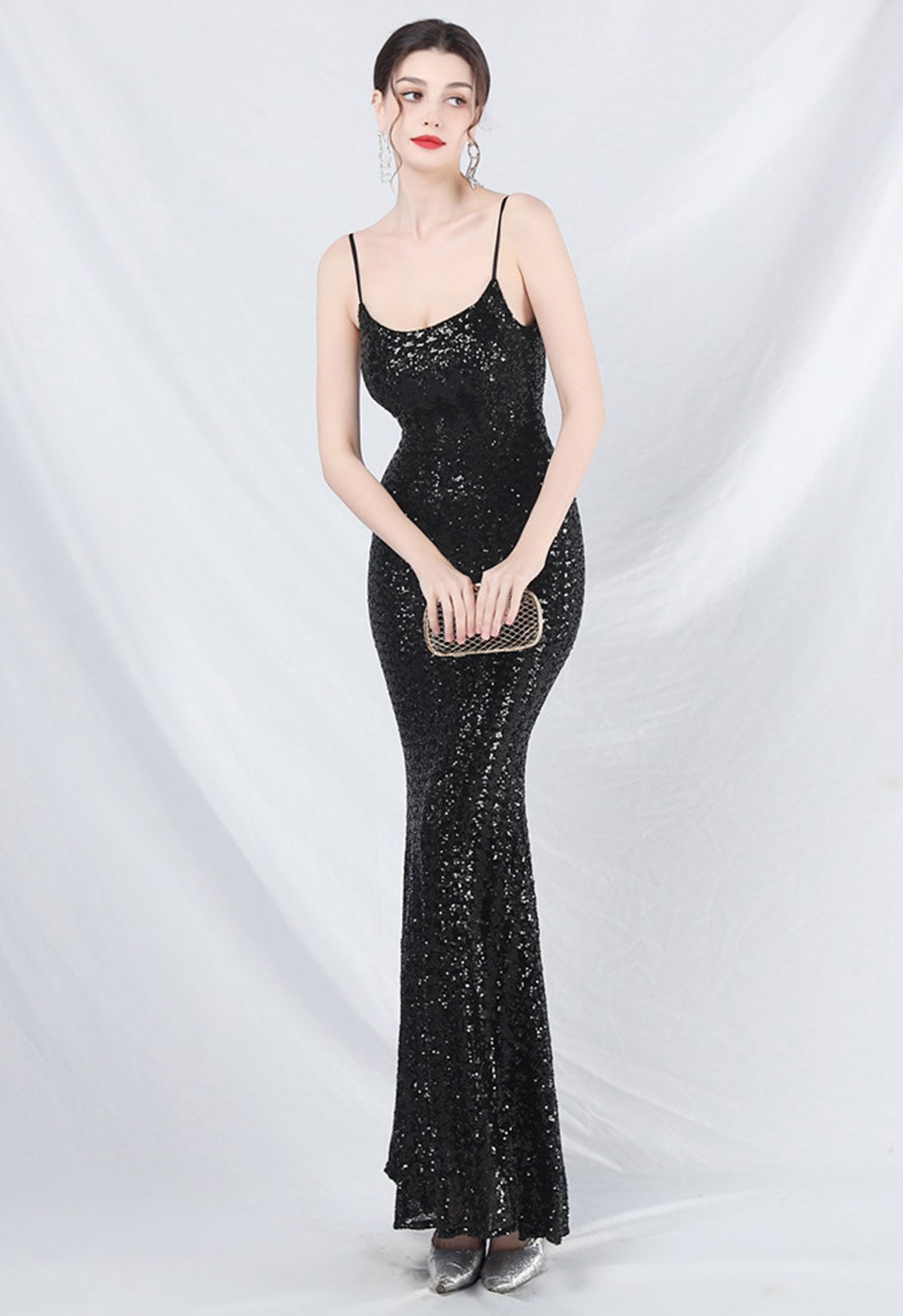 Fairytale Sequin Mermaid Cami Gown in Black