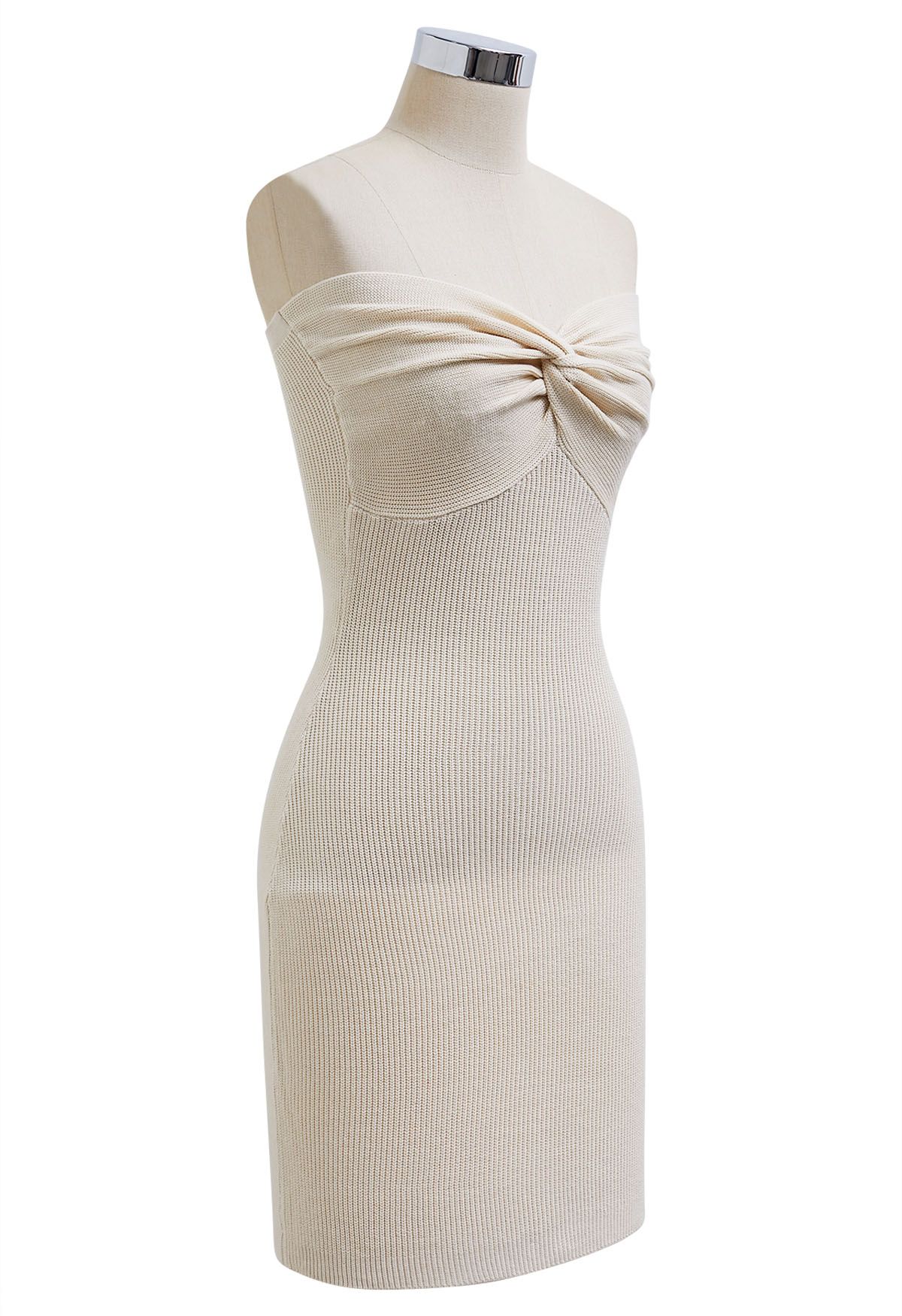 Knotted Front Fitted Knit Mini Dress in Ivory