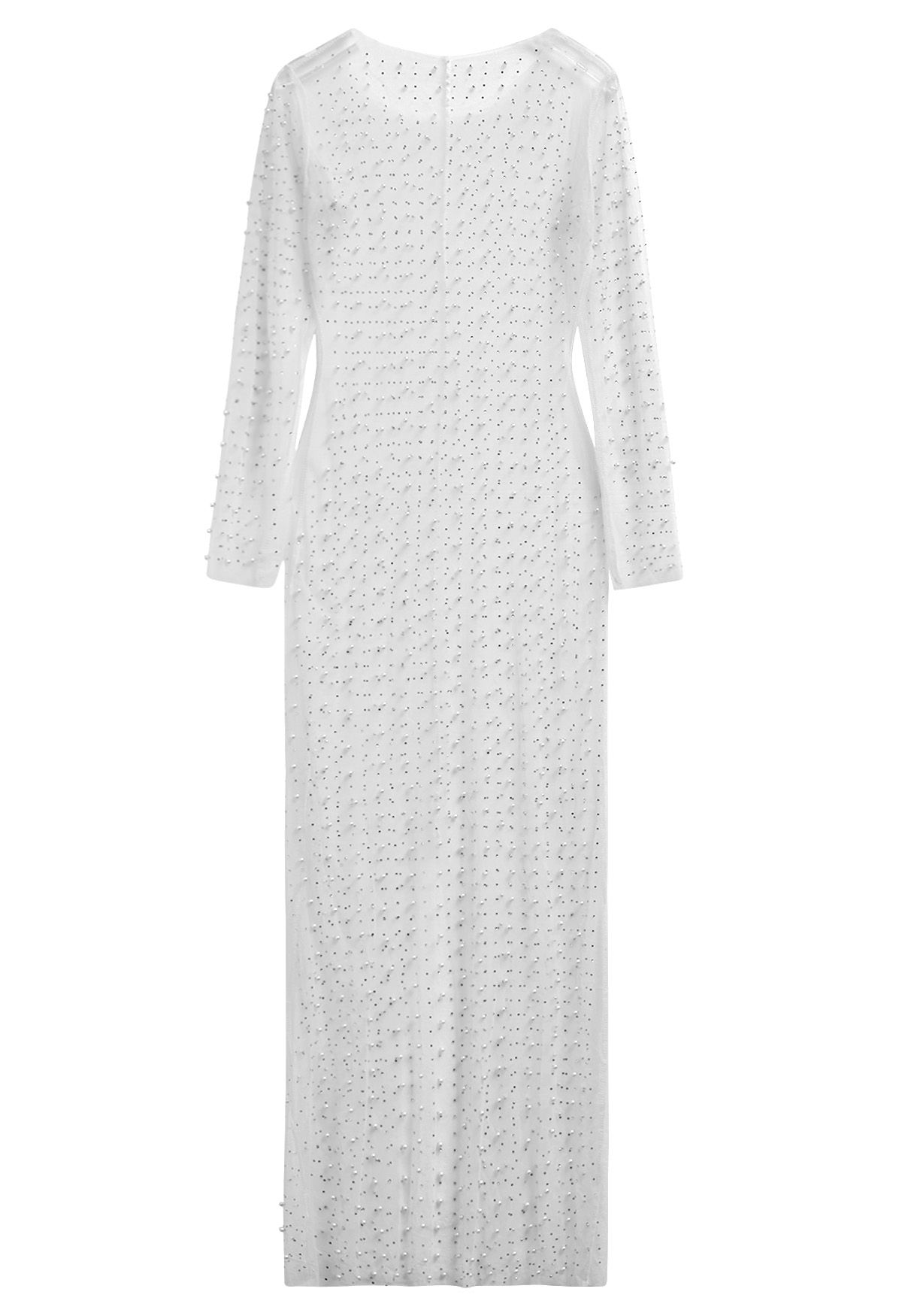 Full Pearl Embellished Sheer Mesh Cover-Up Maxi Dress in White