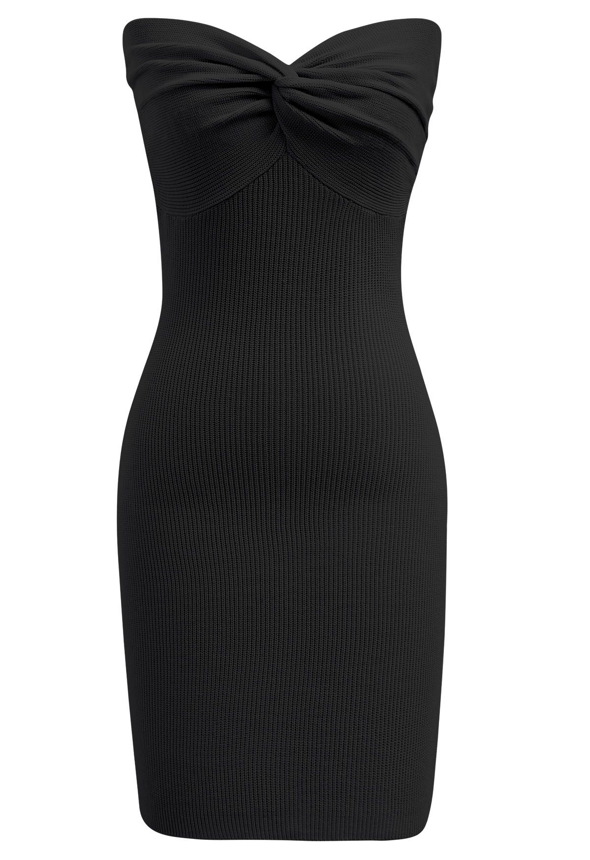 Knotted Front Fitted Knit Mini Dress in Black