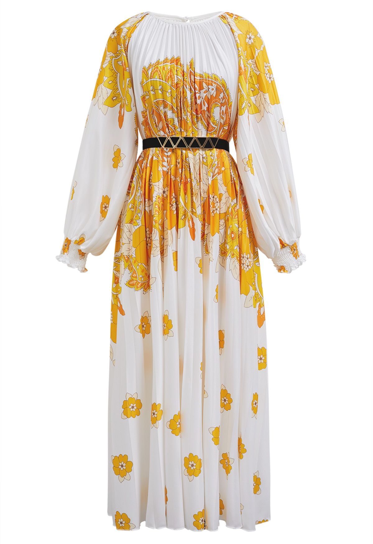 Blossoming Day Watercolor Pleated Maxi Dress in Yellow