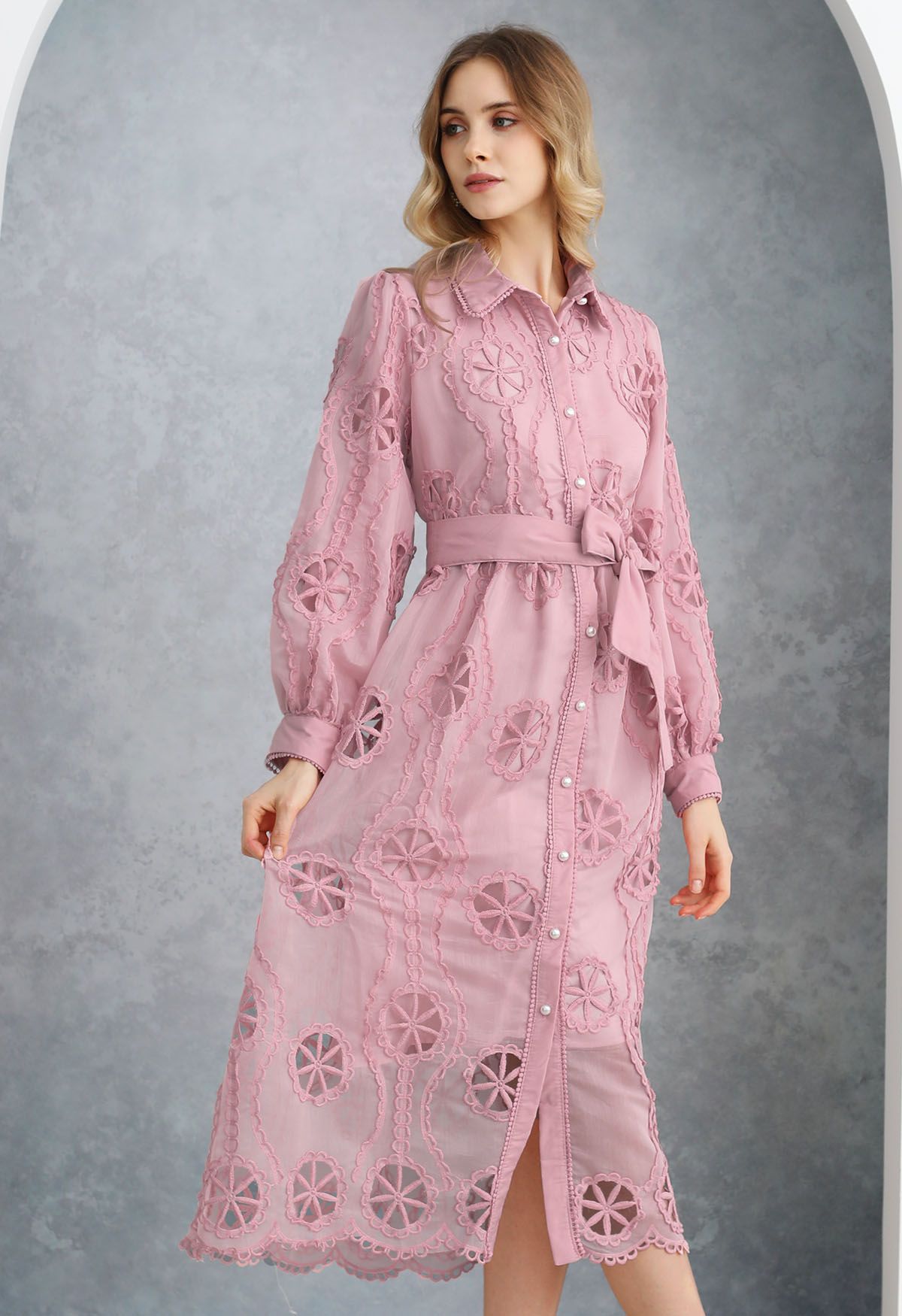 Cutwork Crochet Button Down Midi Dress in Pink