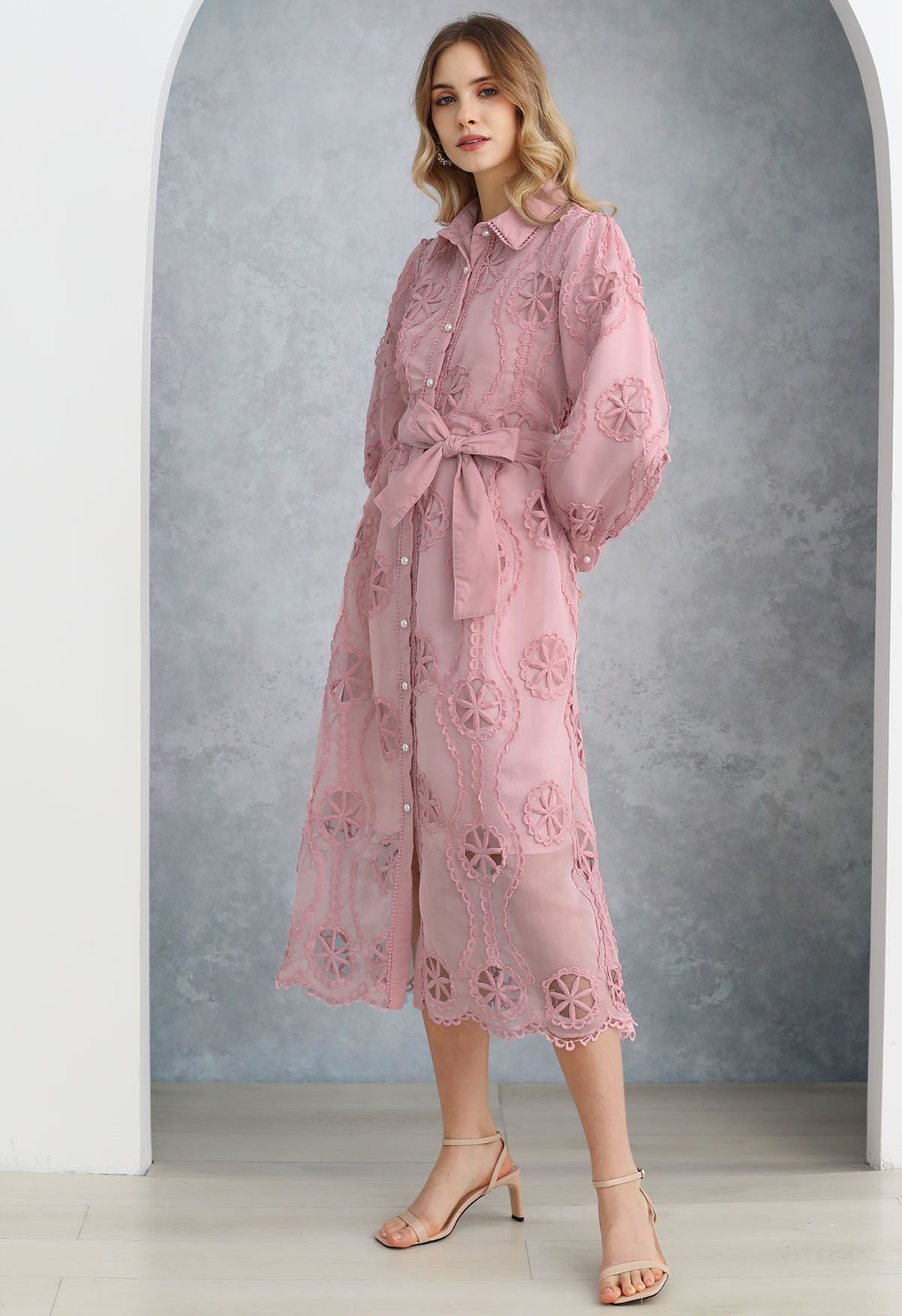 Cutwork Crochet Button Down Midi Dress in Pink