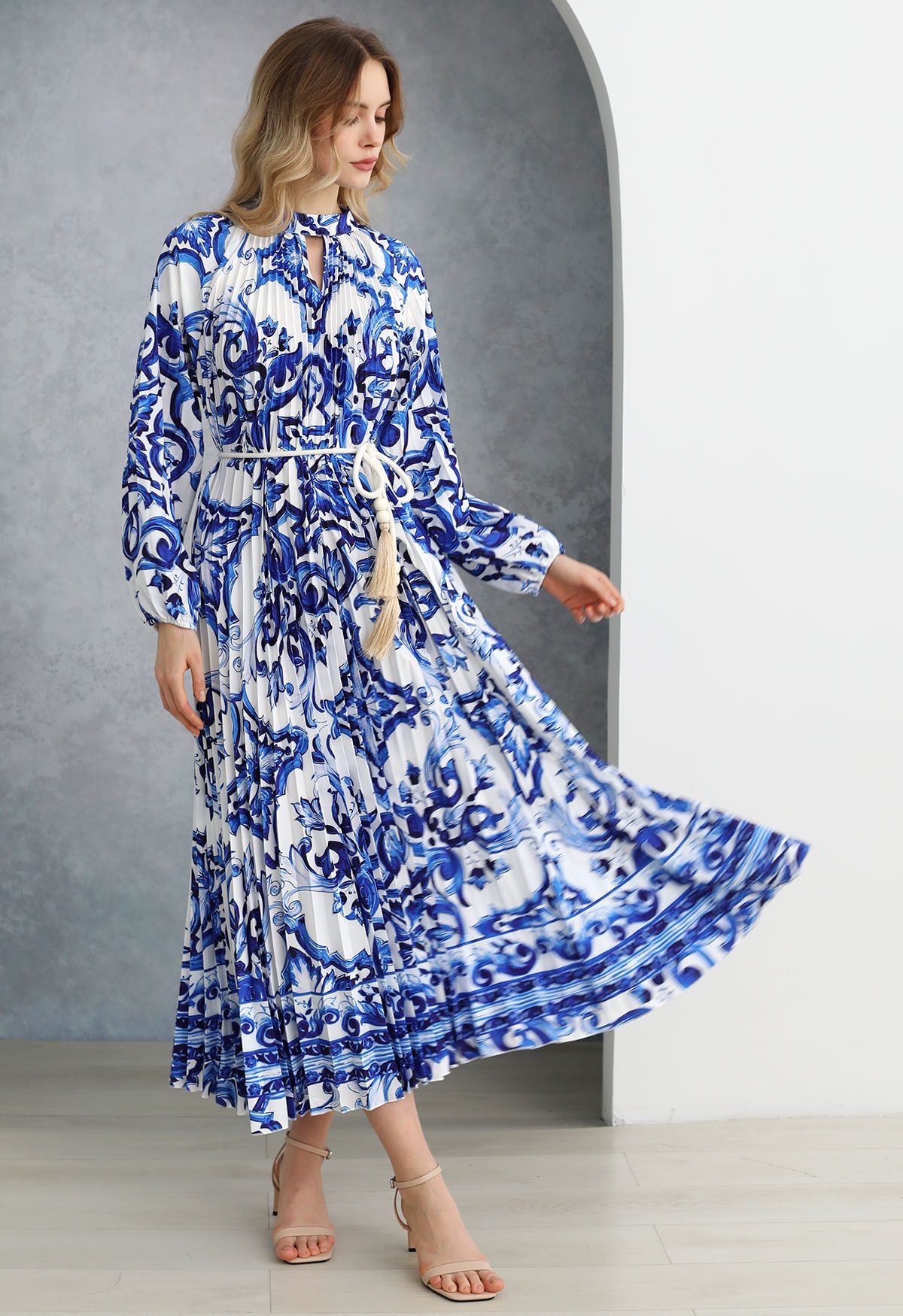 Blue Tile Accordion Pleated Cutout Maxi Dress