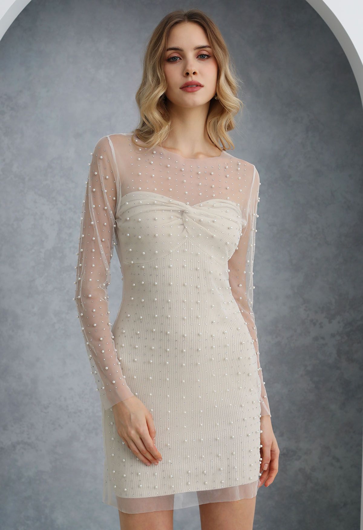 Full Pearl Embellished Sheer Mesh Cover-Up Dress in White