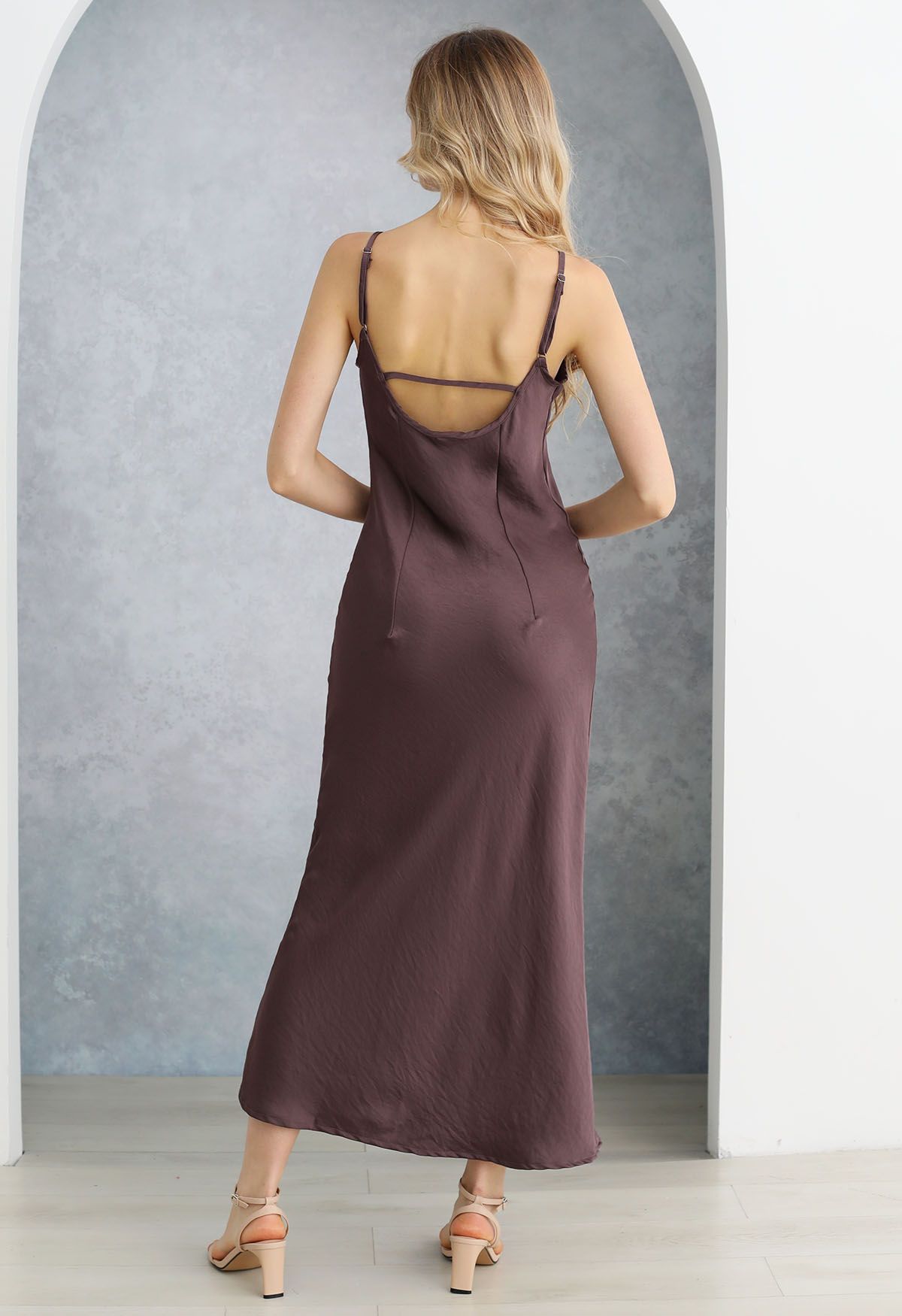 Texture Satin Backless Maxi Dress in Plum