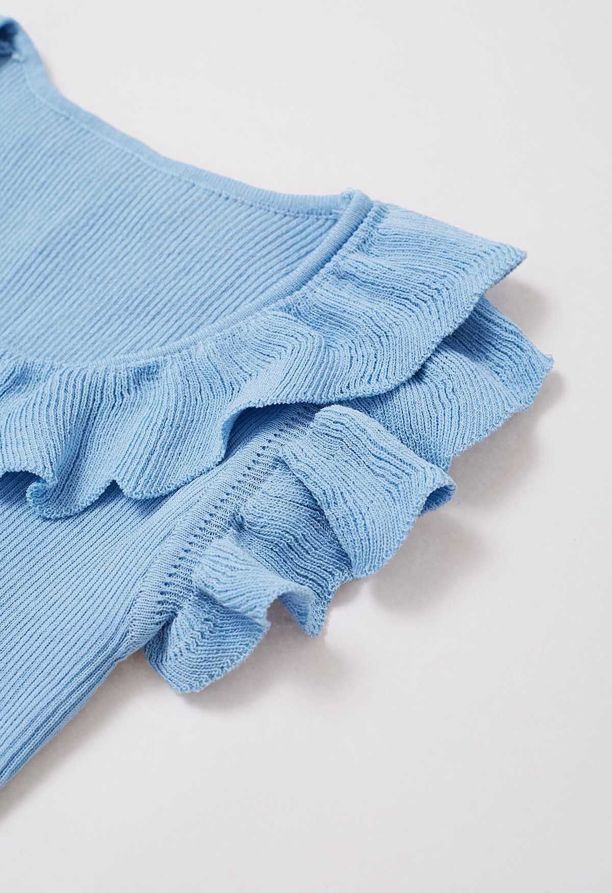 Ethereal Ruffle Sleeveless Knit Top in Blue