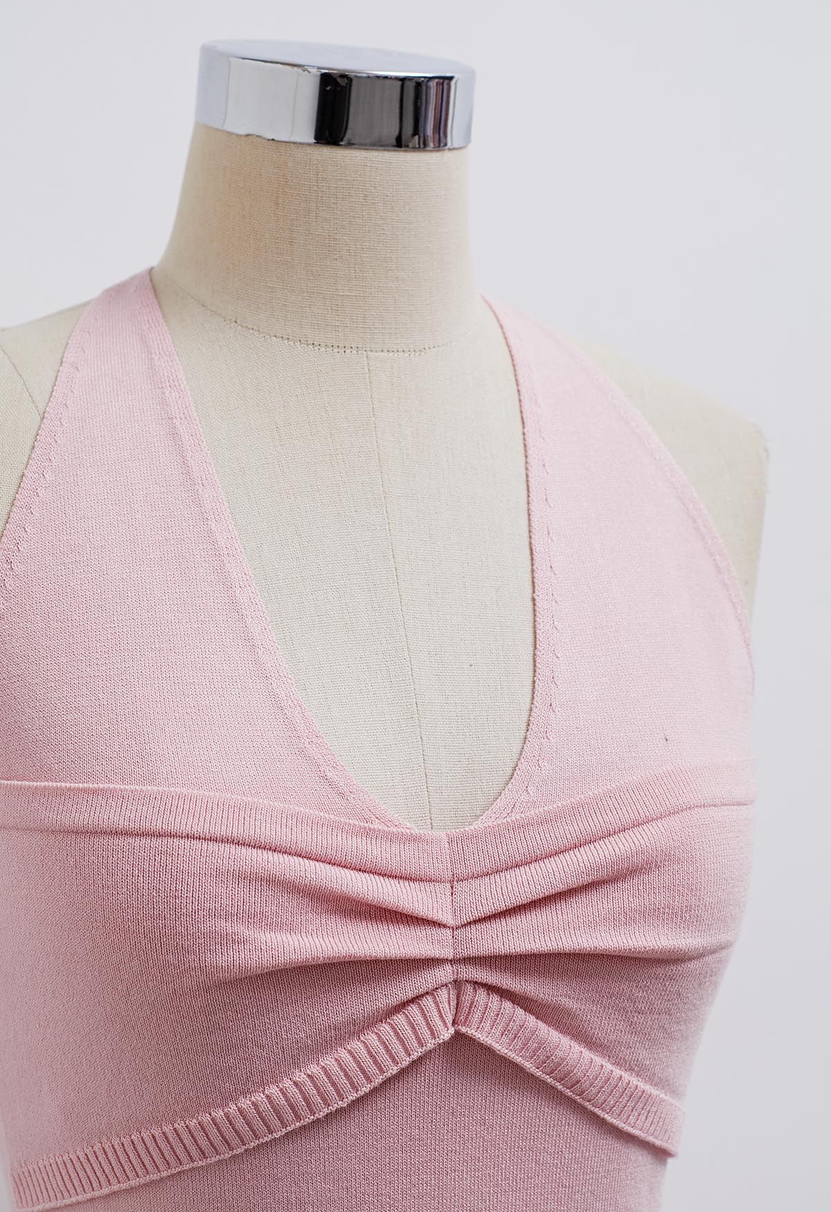 Pintuck Detail Halter Knit Top in Pink