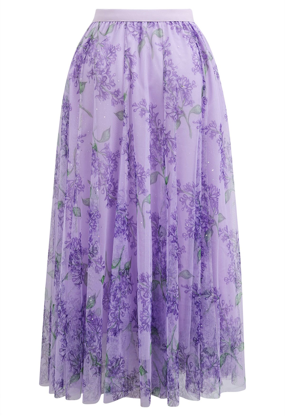 Shimmer Floral Mesh Tulle Midi Skirt in Purple