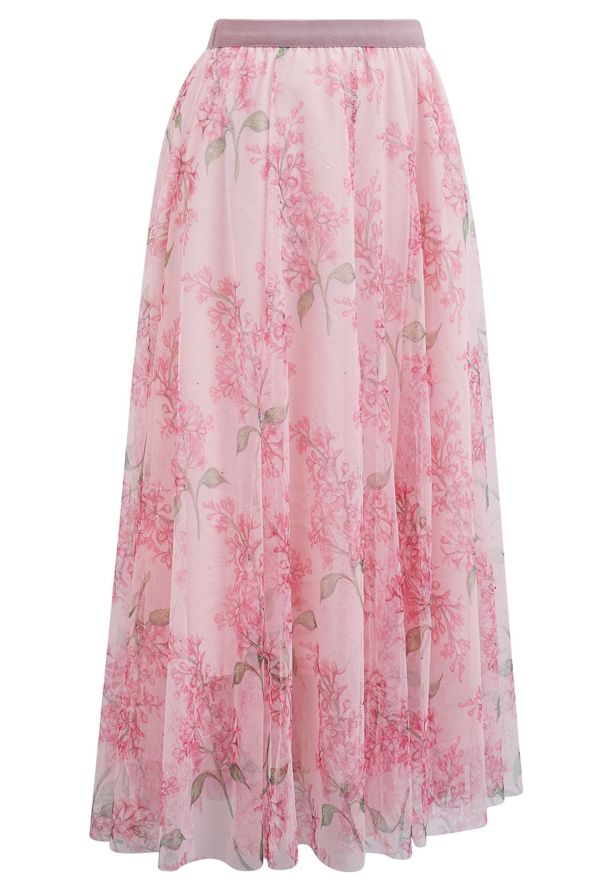 Shimmer Floral Mesh Tulle Midi Skirt in Pink