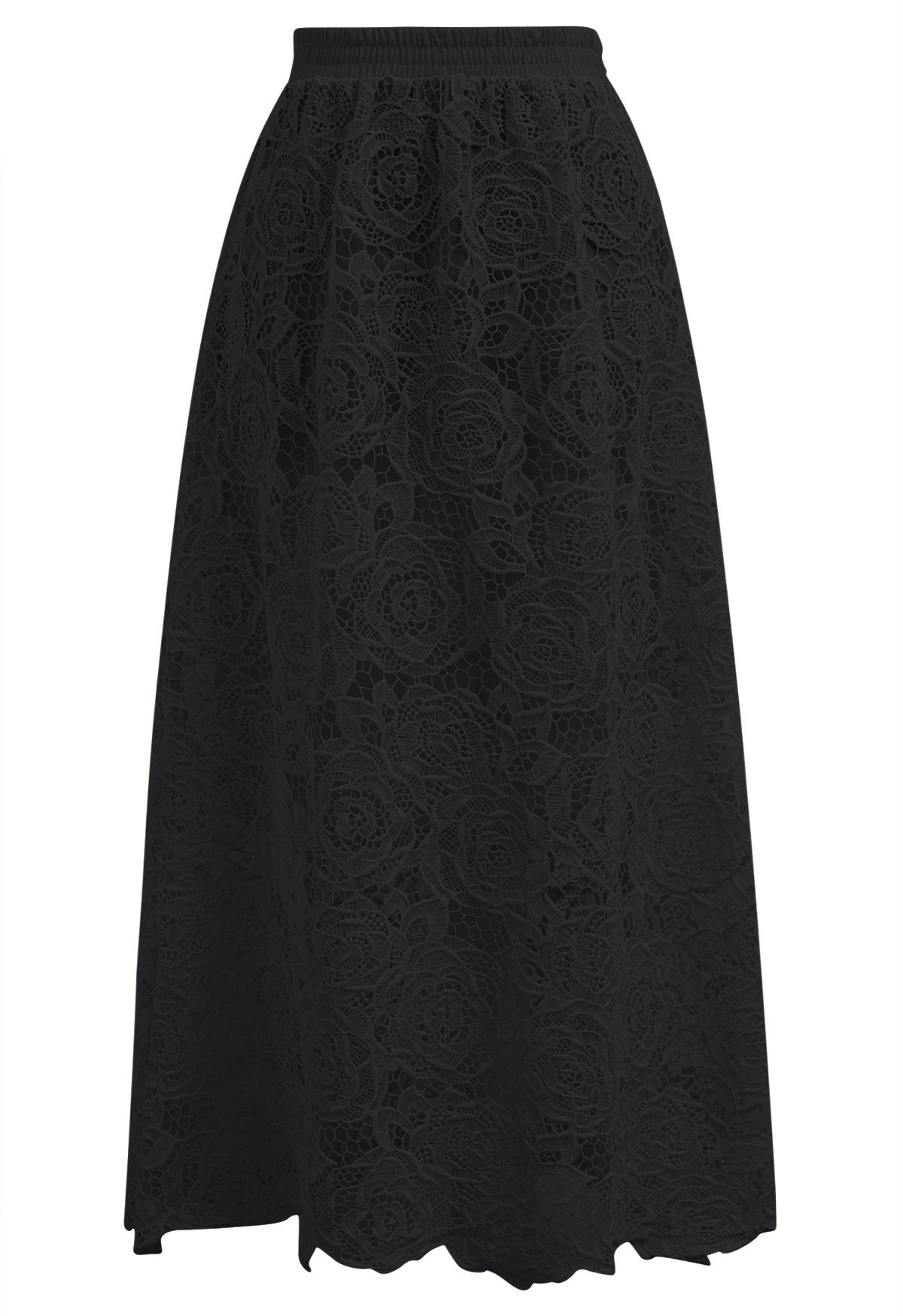 Exquisite Rose Cutwork Lace Maxi Skirt in Black