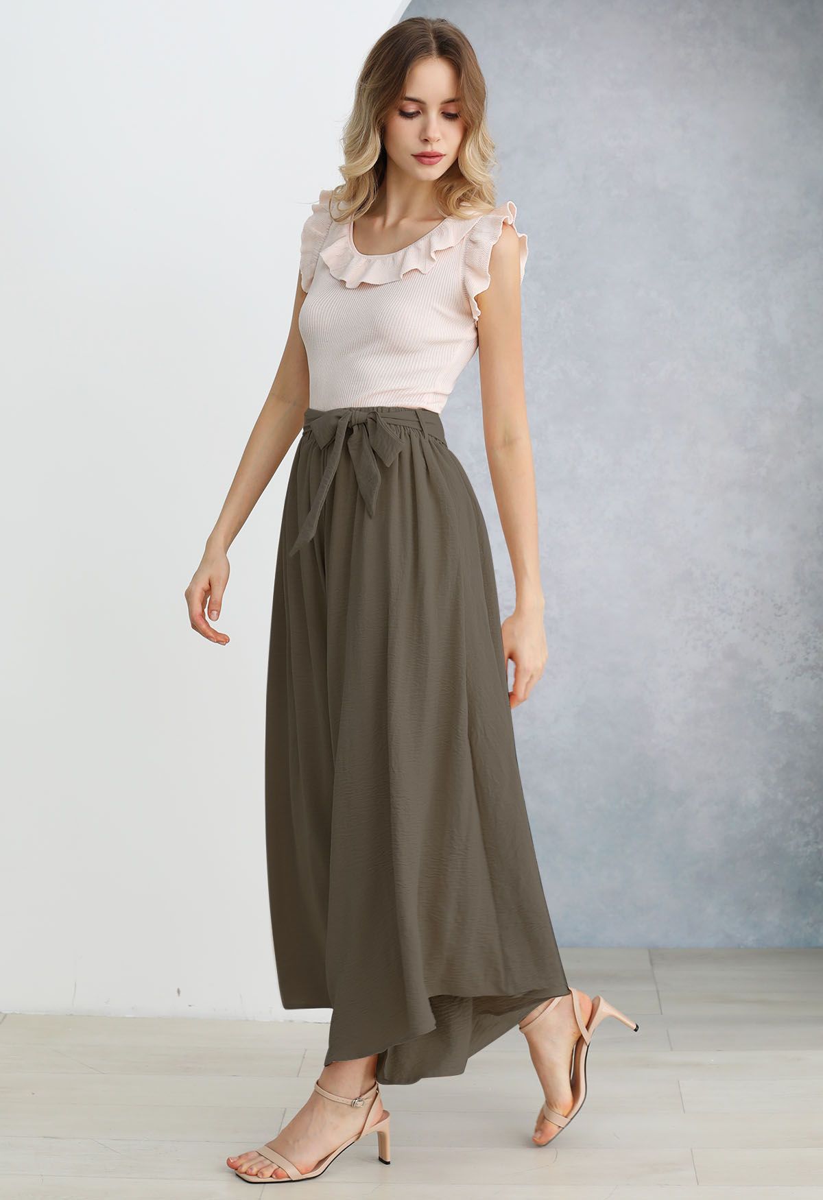 Breezy Tie Waist Asymmetric Crop Pants in Brown