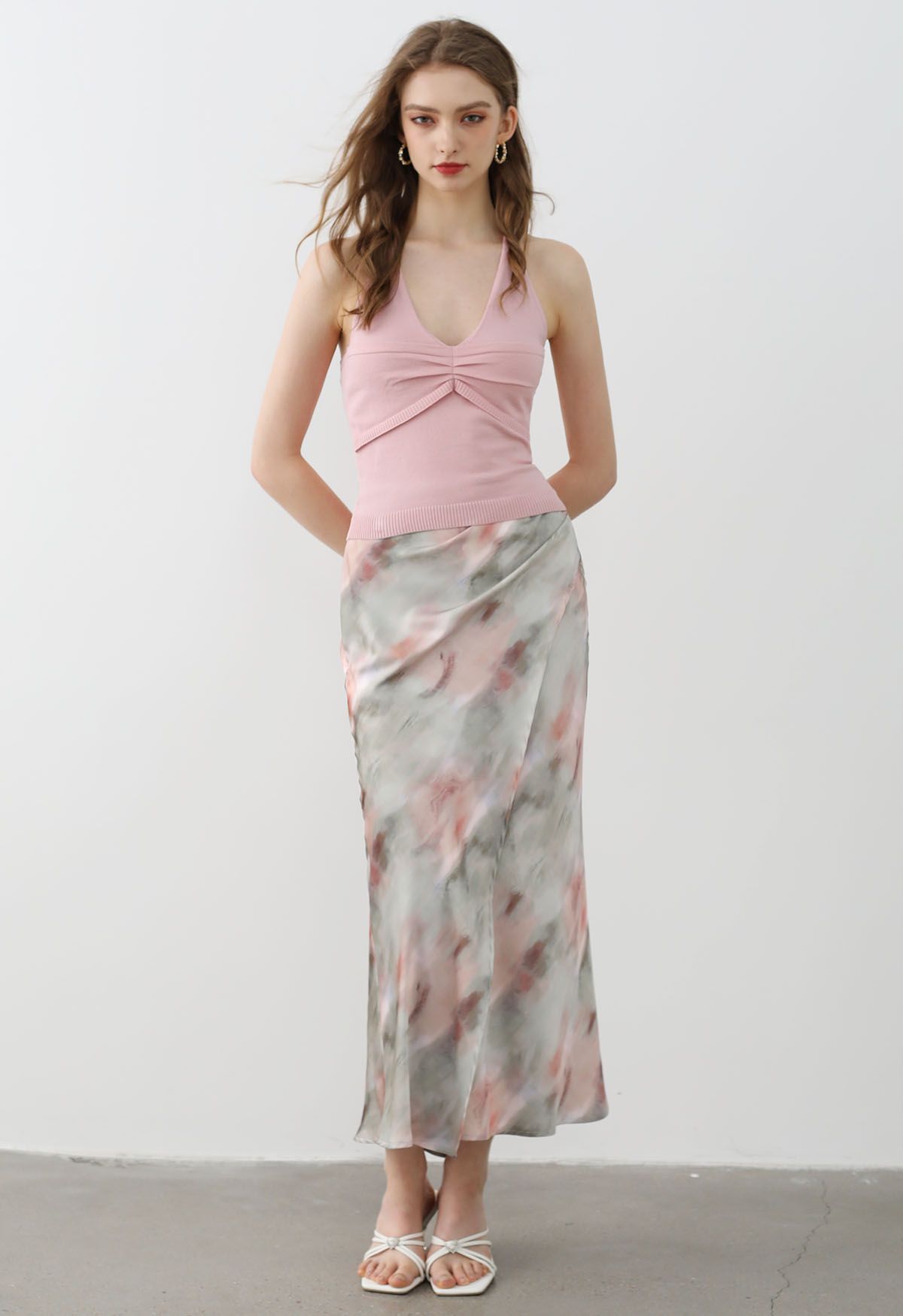 Watercolor Print Asymmetric Flap Maxi Skirt