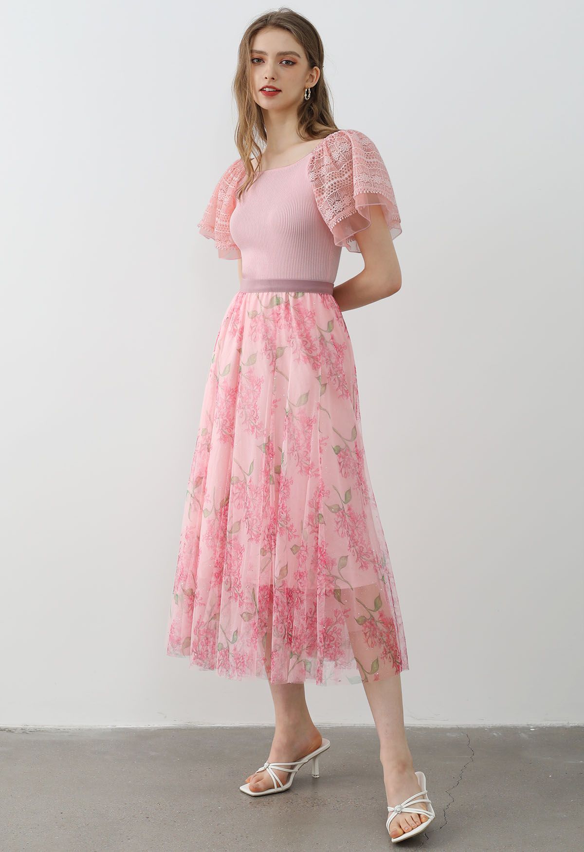 Shimmer Floral Mesh Tulle Midi Skirt in Pink