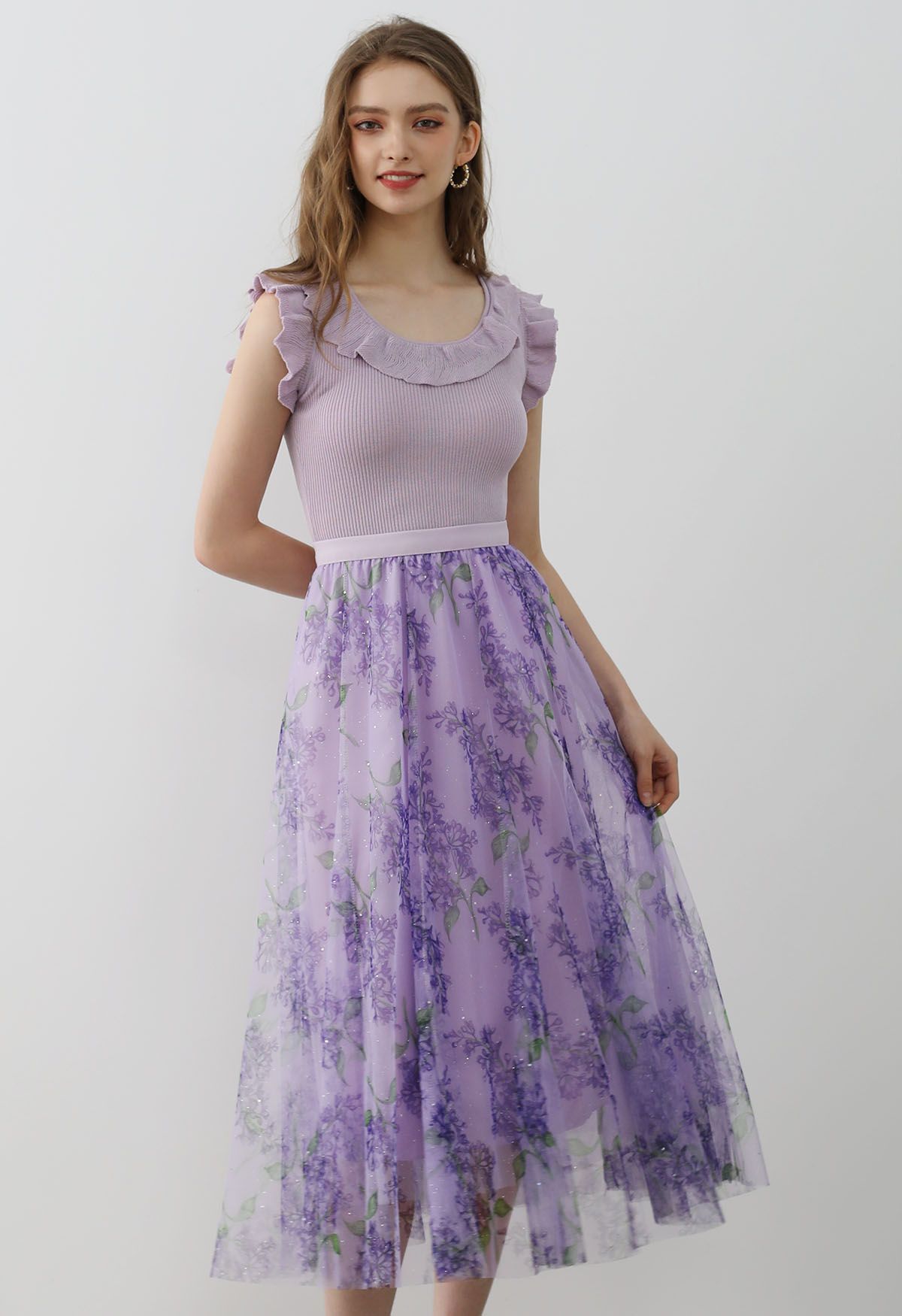 Shimmer Floral Mesh Tulle Midi Skirt in Purple