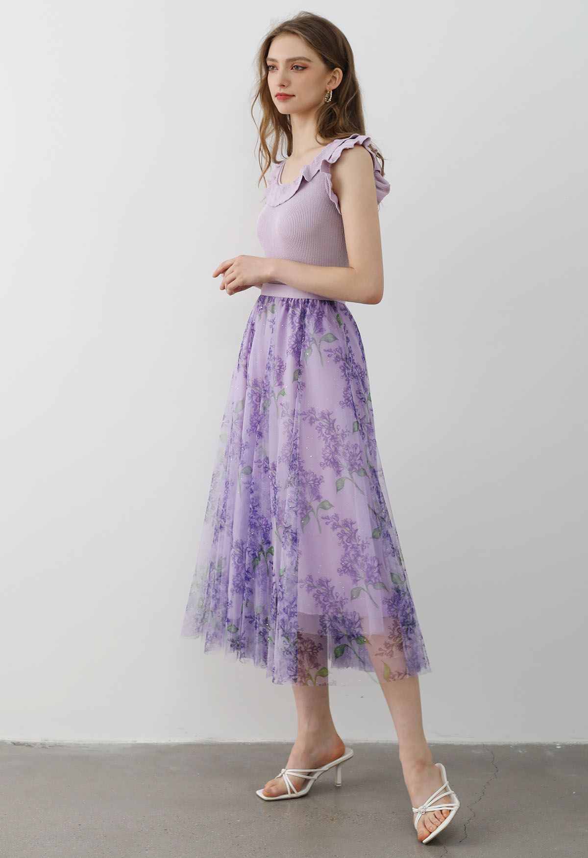 Shimmer Floral Mesh Tulle Midi Skirt in Purple