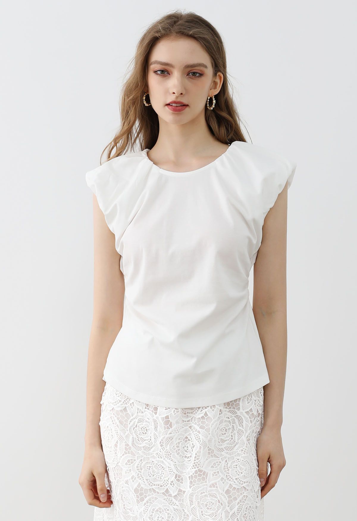 Cutout Back Ruched Detail Sleeveless Top in White