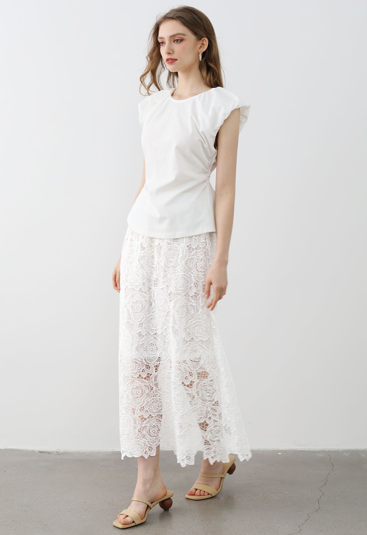 Exquisite Rose Cutwork Lace Maxi Skirt in White