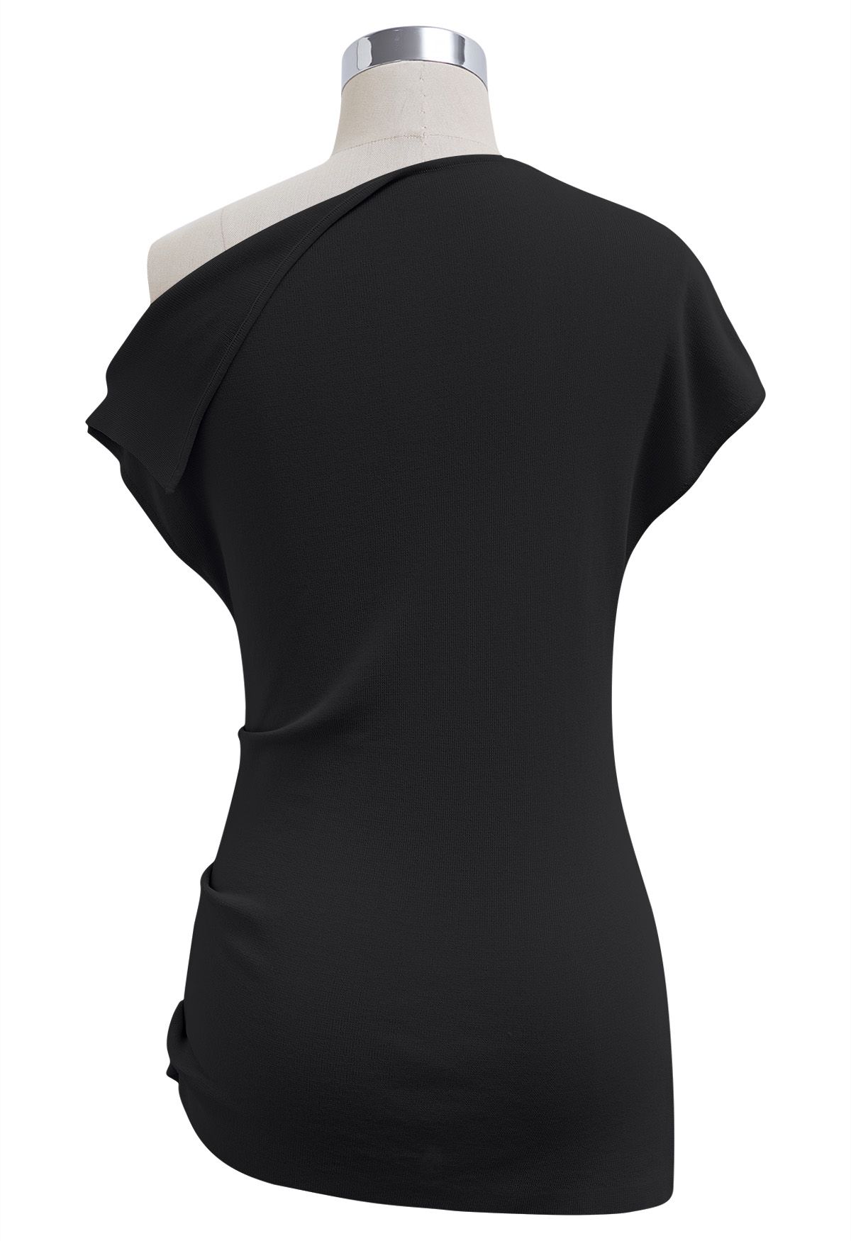 Asymmetric Folded Collar Knit Top in Black