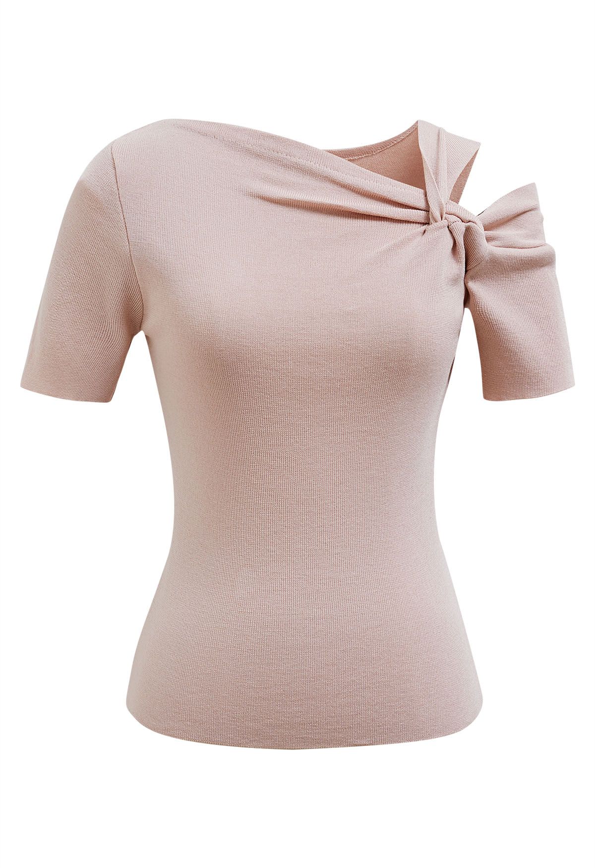 Stylish Knotted Shoulder Stretchy Knit Top in Pink