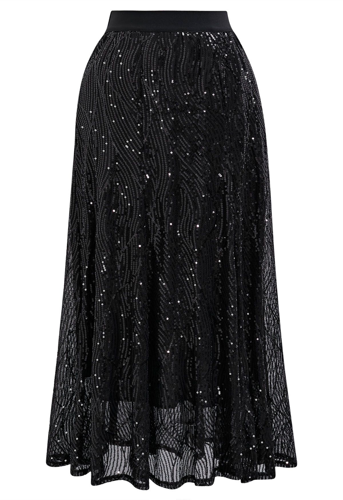 Luster Sequin Frilling Midi Skirt in Black