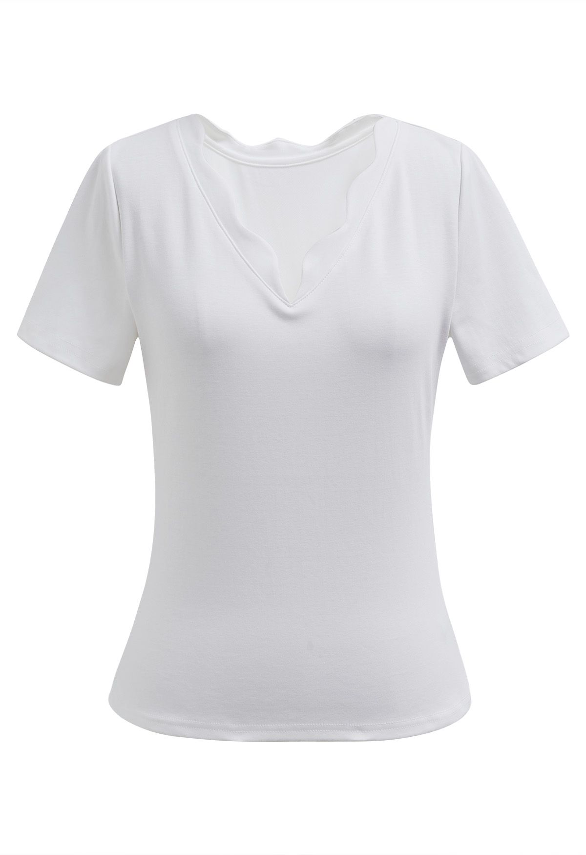 Scalloped V-Neck Short Sleeve T-Shirt in White