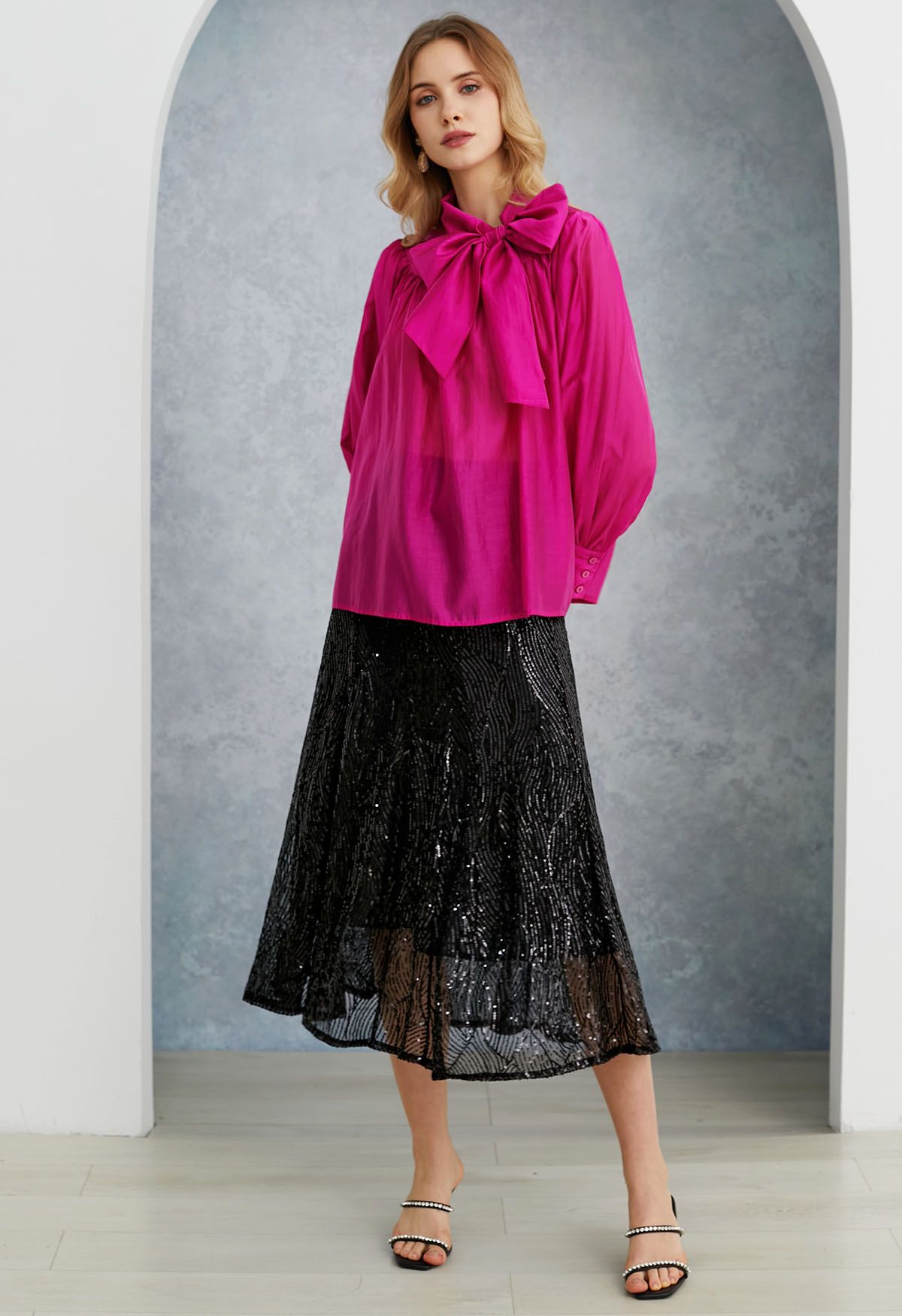 Luster Sequin Frilling Midi Skirt in Black