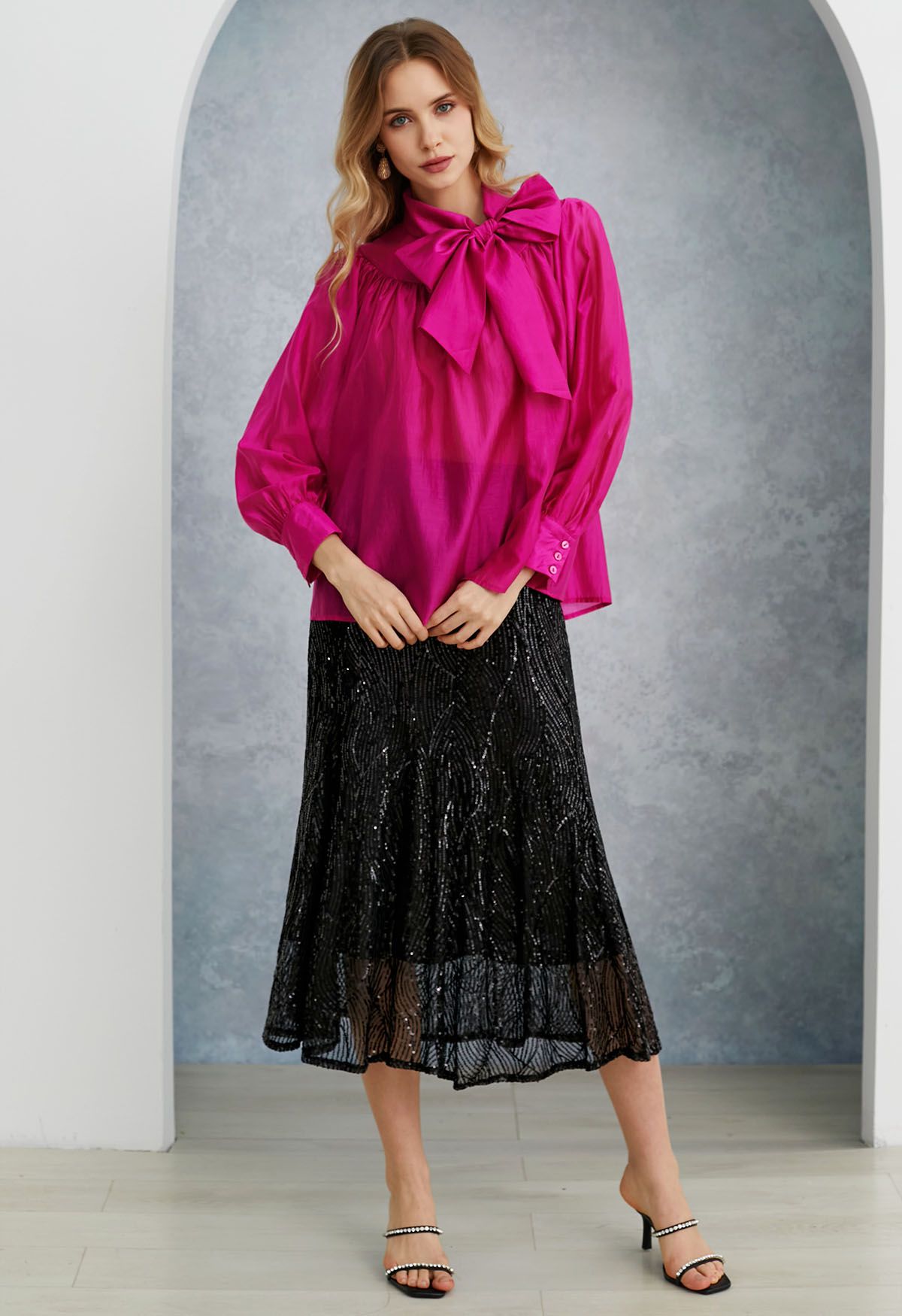 Charming Bowknot Puff Sleeve Sheer Shirt in Hot Pink