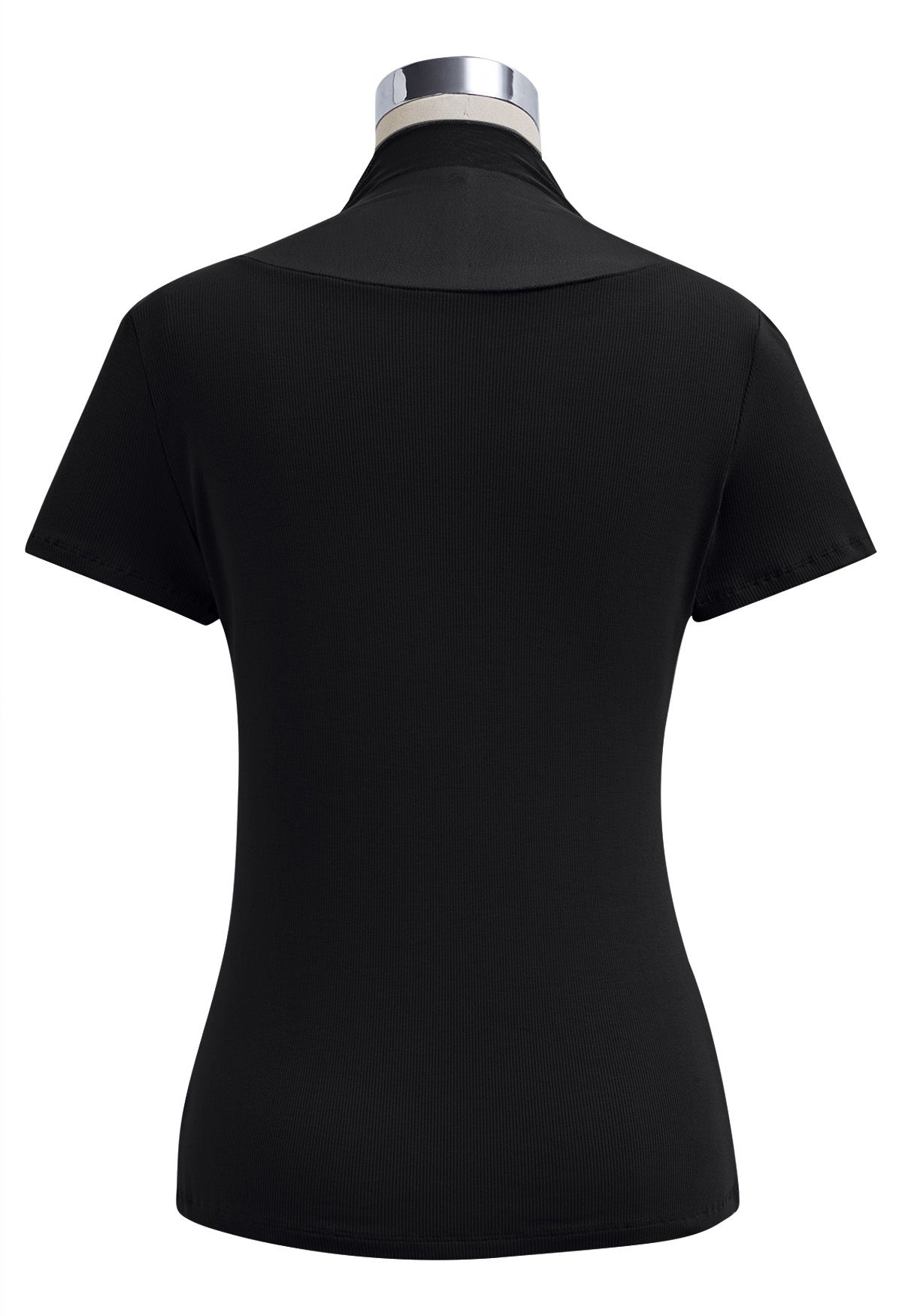 Mesh Spliced Neckline Stretchy Top in Black