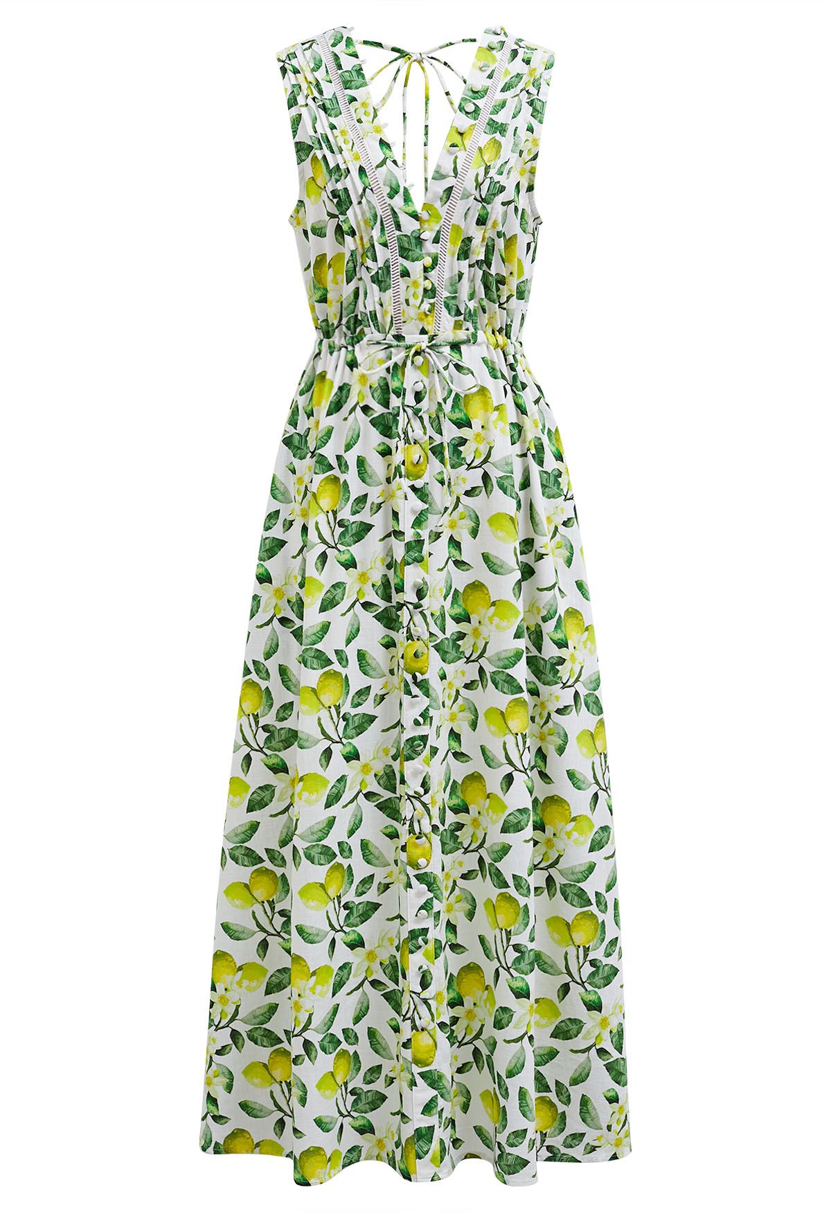 V-Neck Buttoned Sleeveless Dress in Lemon