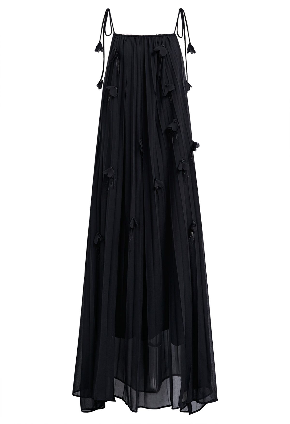 3D Floral Tie-Shoulder Chiffon Pleated Dress in Black