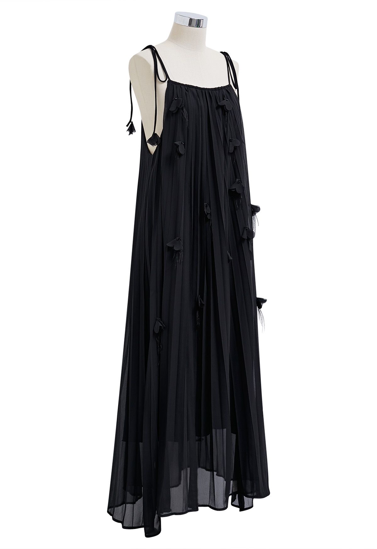 3D Floral Tie-Shoulder Chiffon Pleated Dress in Black