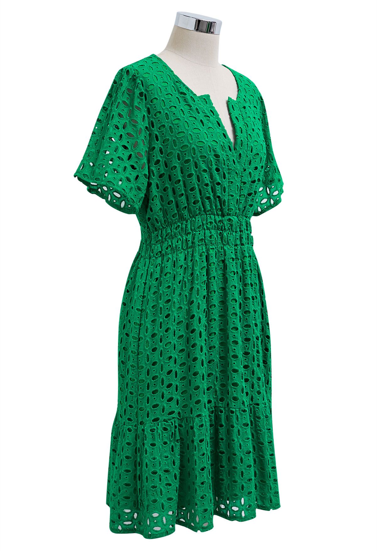 Eyelet Embroidery V-Neck Cotton Dress in Green