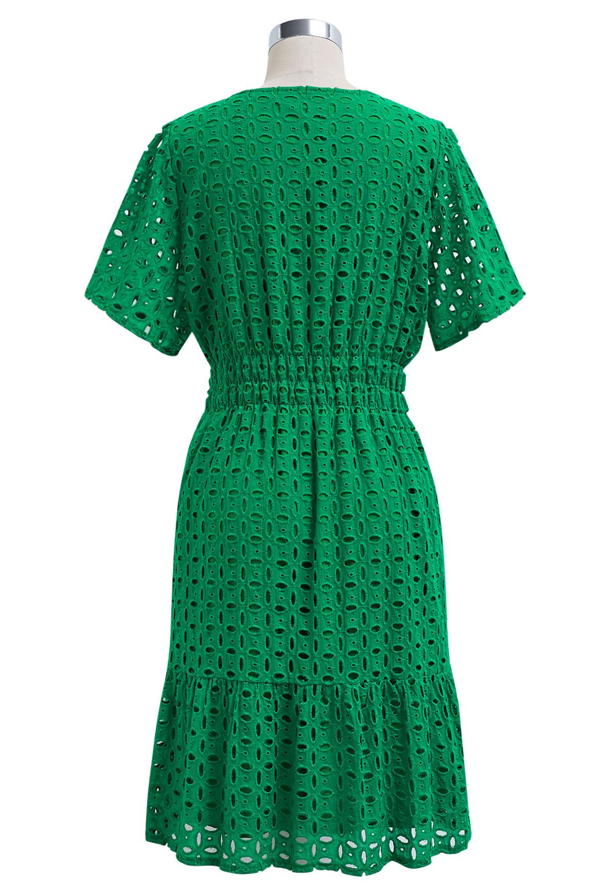 Eyelet Embroidery V-Neck Cotton Dress in Green