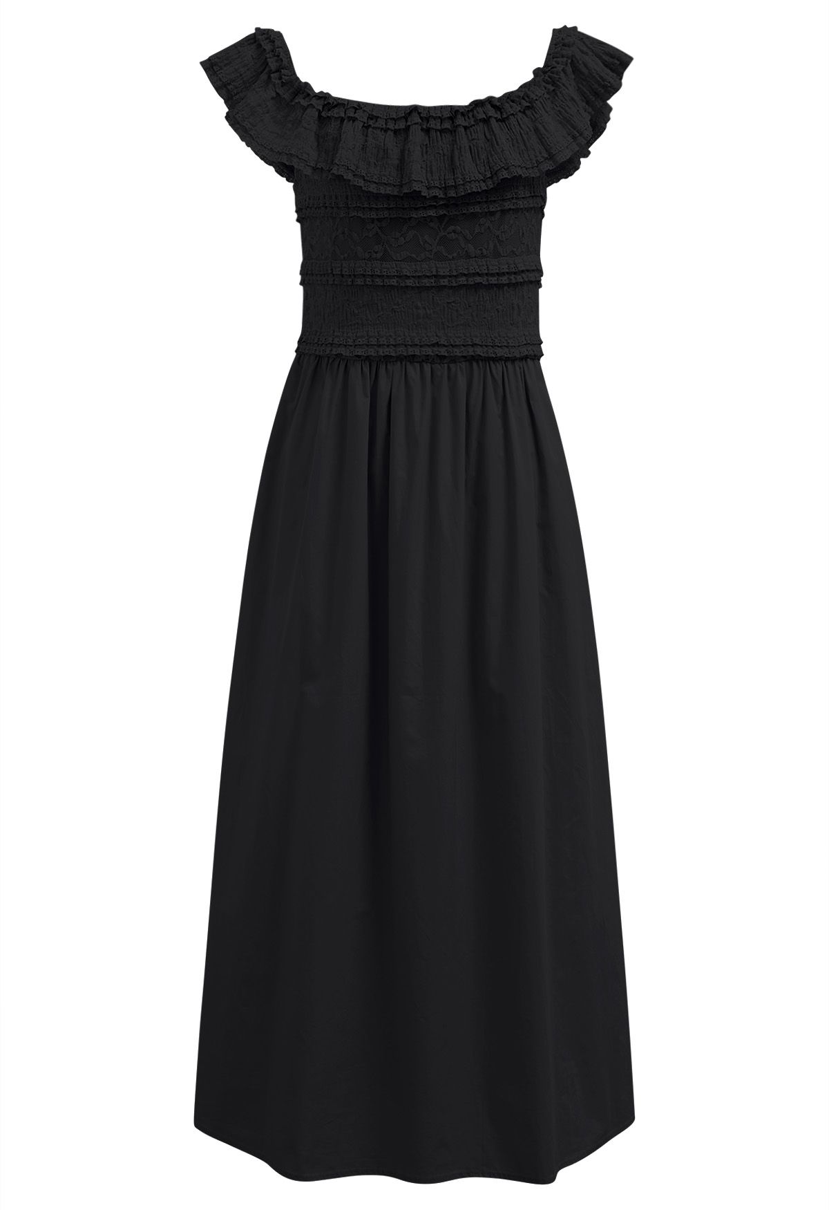 Tiered Lace Off-Shoulder Spliced Dress in Black